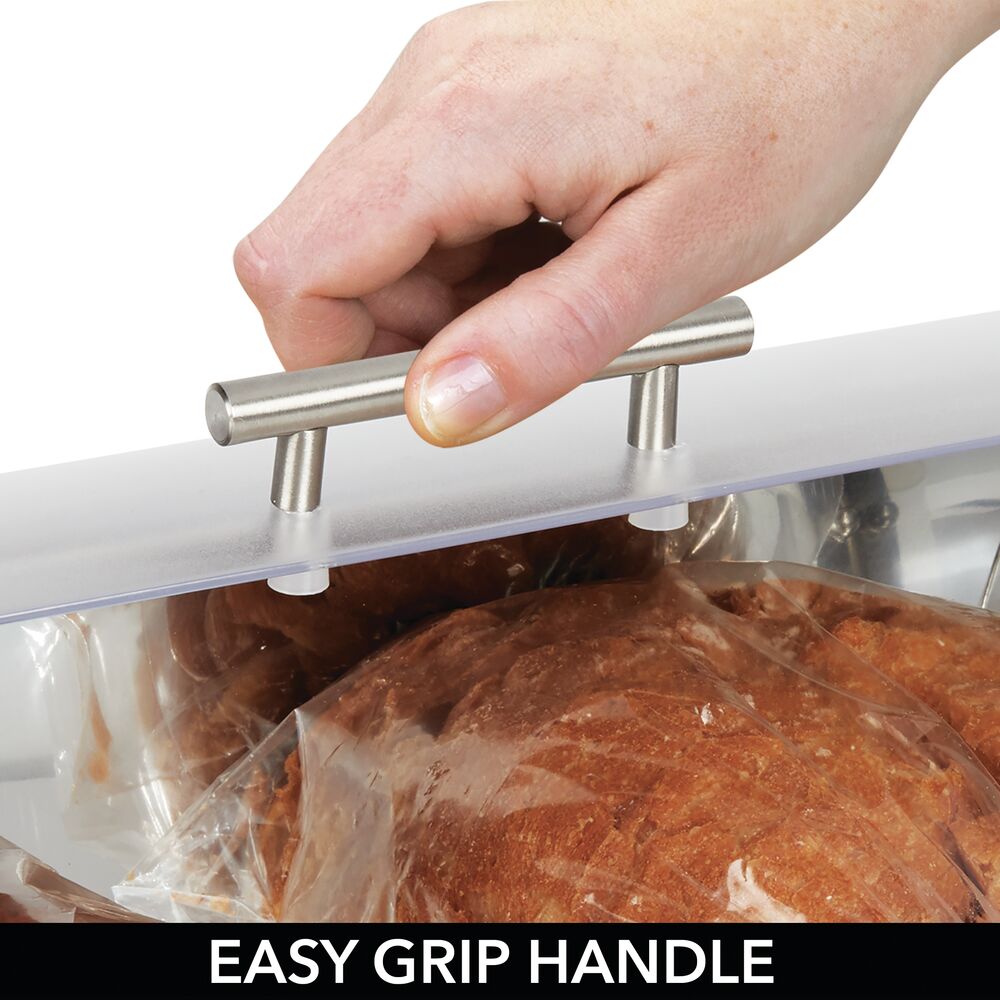 mDesign Metal Kitchen Countertop Bread Box, Roll Top Lid, Glass Base - Brushed