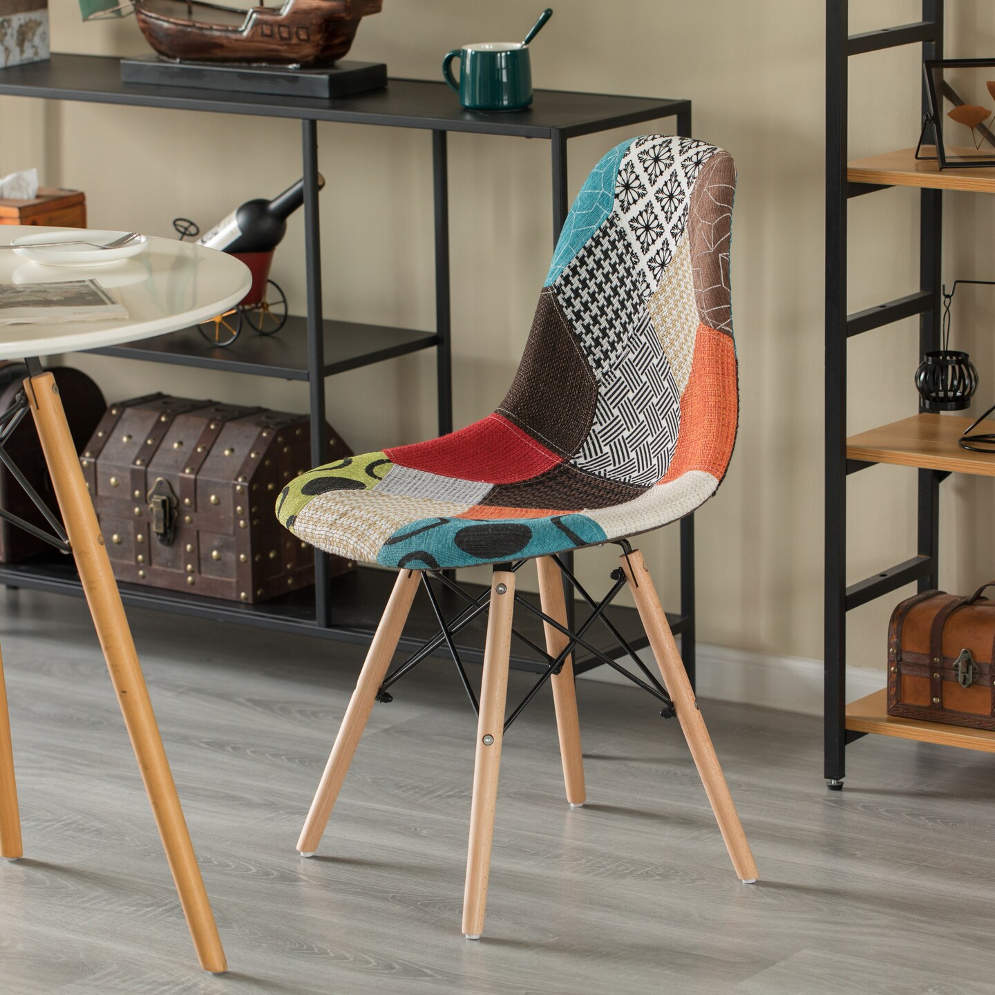 Modern Fabric Patchwork Chair with Wooden Legs for Kitchen, Dining Room, Entryway, Living Room