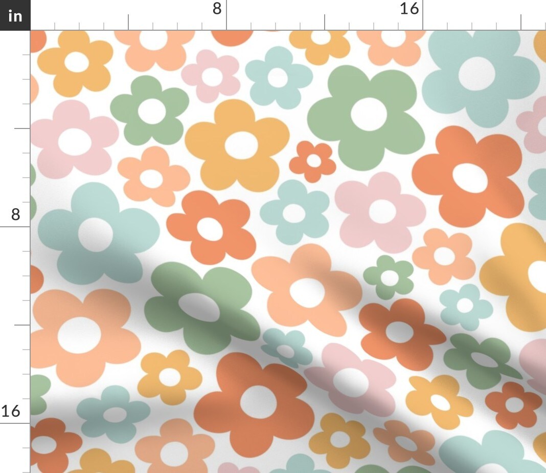 Retro Whimsical Floral Sage Green Mustard Yellow Pale Pink Boho Custom Printed Fabric by Spoonflower Various Fabrics by the Yard or Fat Quarter