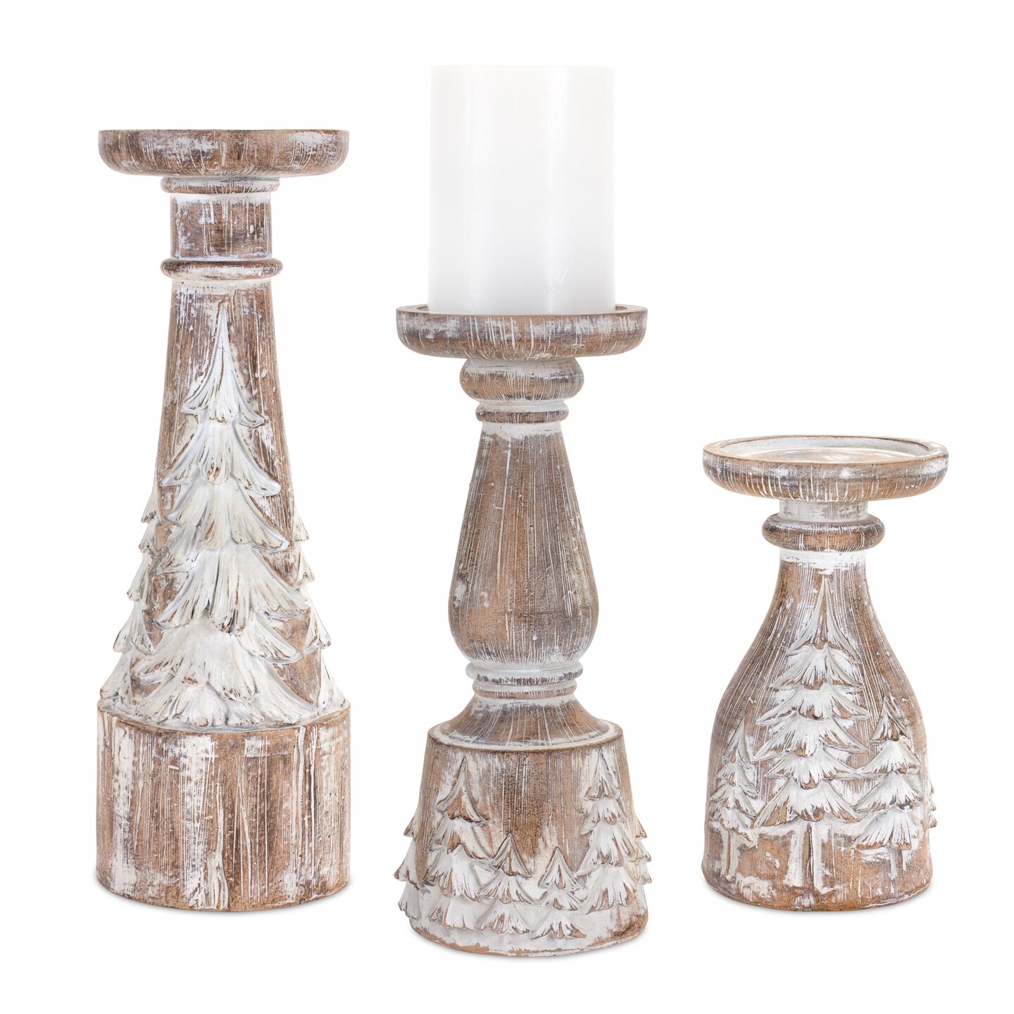 Melrose Set of 3 Brown and White Pine Tree Pillar Candle Holders 12.25"