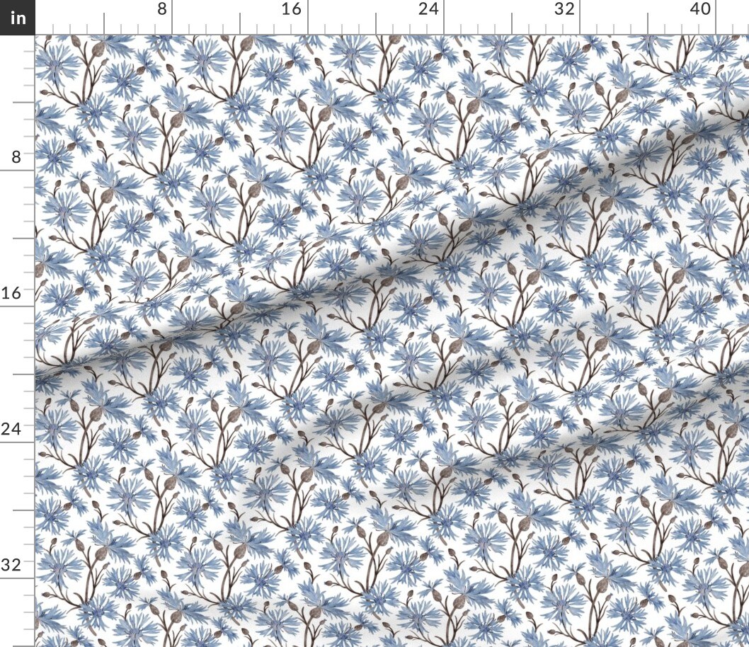 Summer Floral Cornflower Blue Botanical Nature Scandinavian Watercolor Custom Printed Fabric by Spoonflower Various Fabrics by the Yard or Fat Quarter