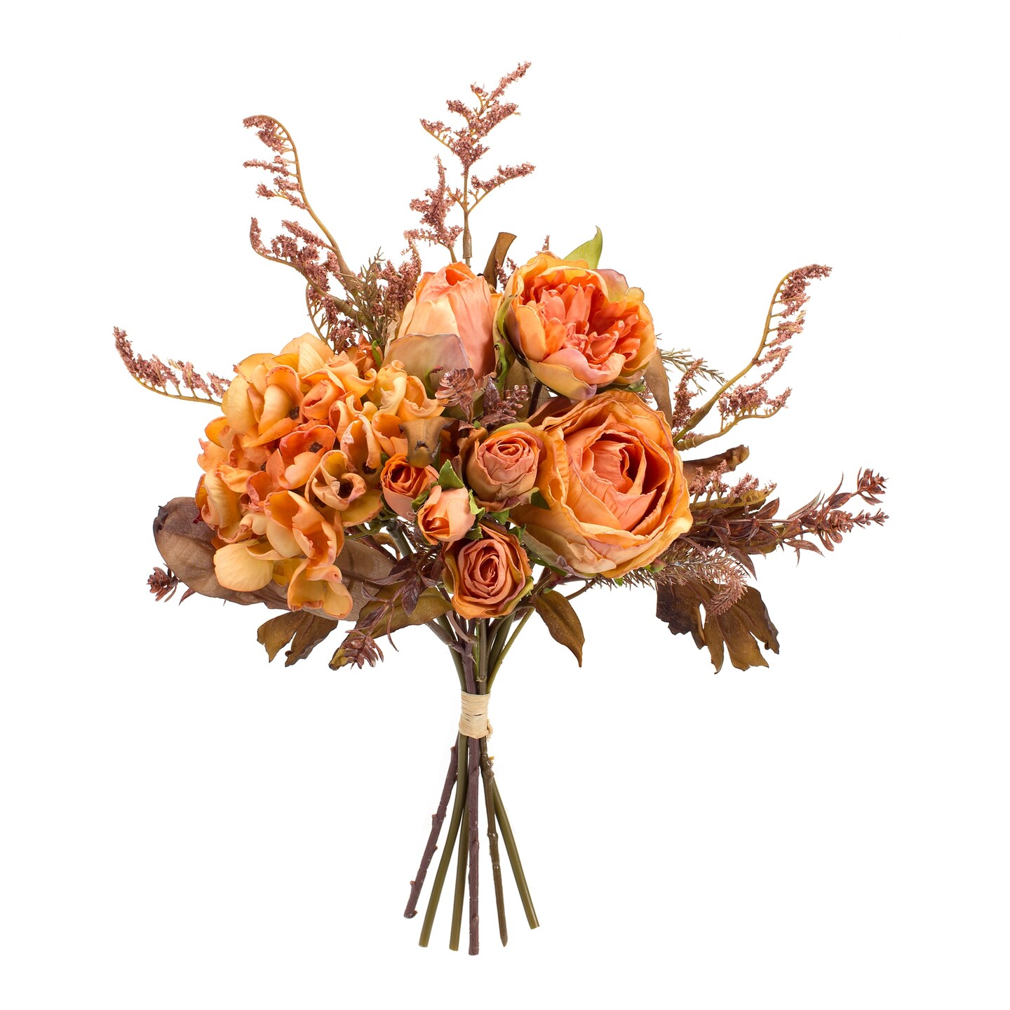 Melrose Set of 6 Orange Rose and Fall Foliage Harvest Bouquet 15&#x22;