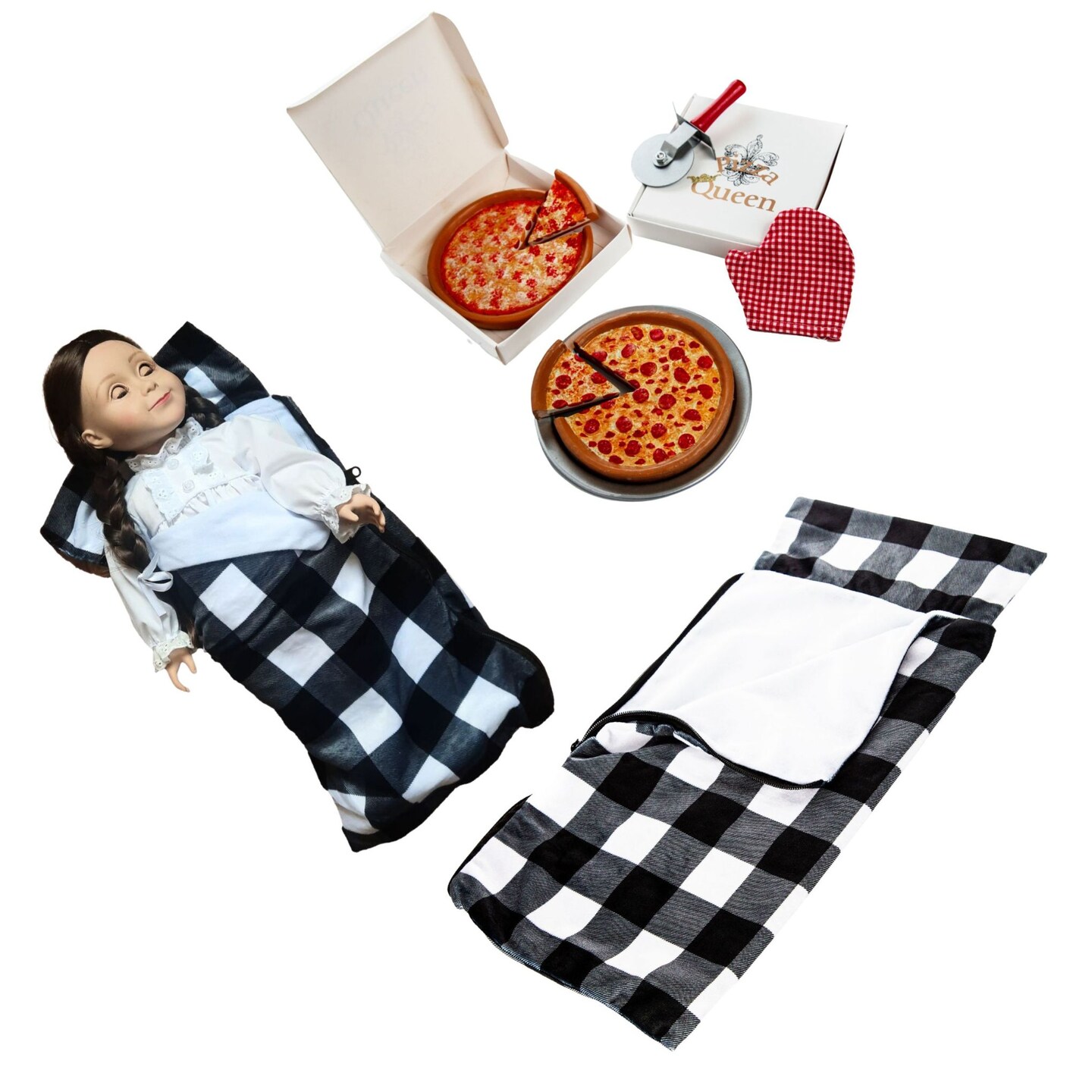 The Queen&#x27;s Treasures 18&#x22; Doll 11 Pc Sleeping Bag Set and American Pizza Party.
