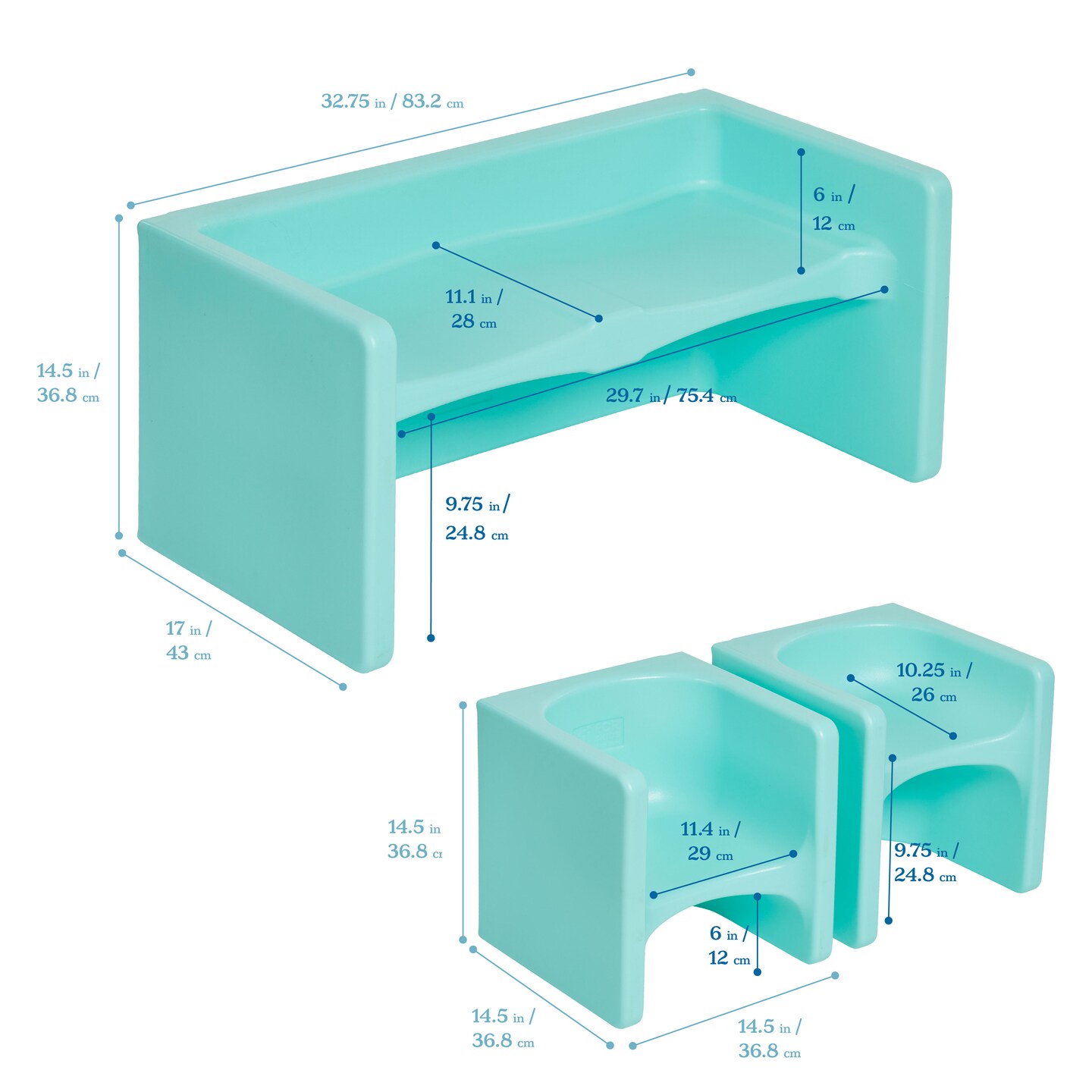 Tri-Me Table and Cube Chair Set, Multipurpose Furniture, 3-Piece