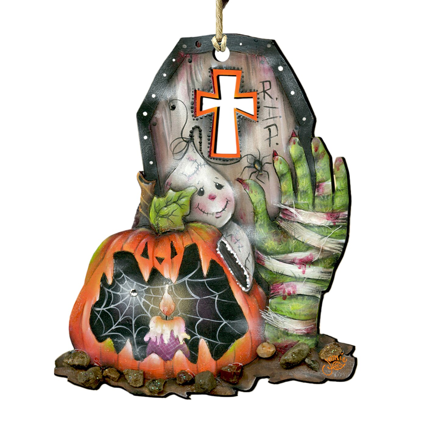 Designocracy Set of 2 Pumpkin Zombie Graveyard Wooden Halloween Ornaments 5.5&#x22;