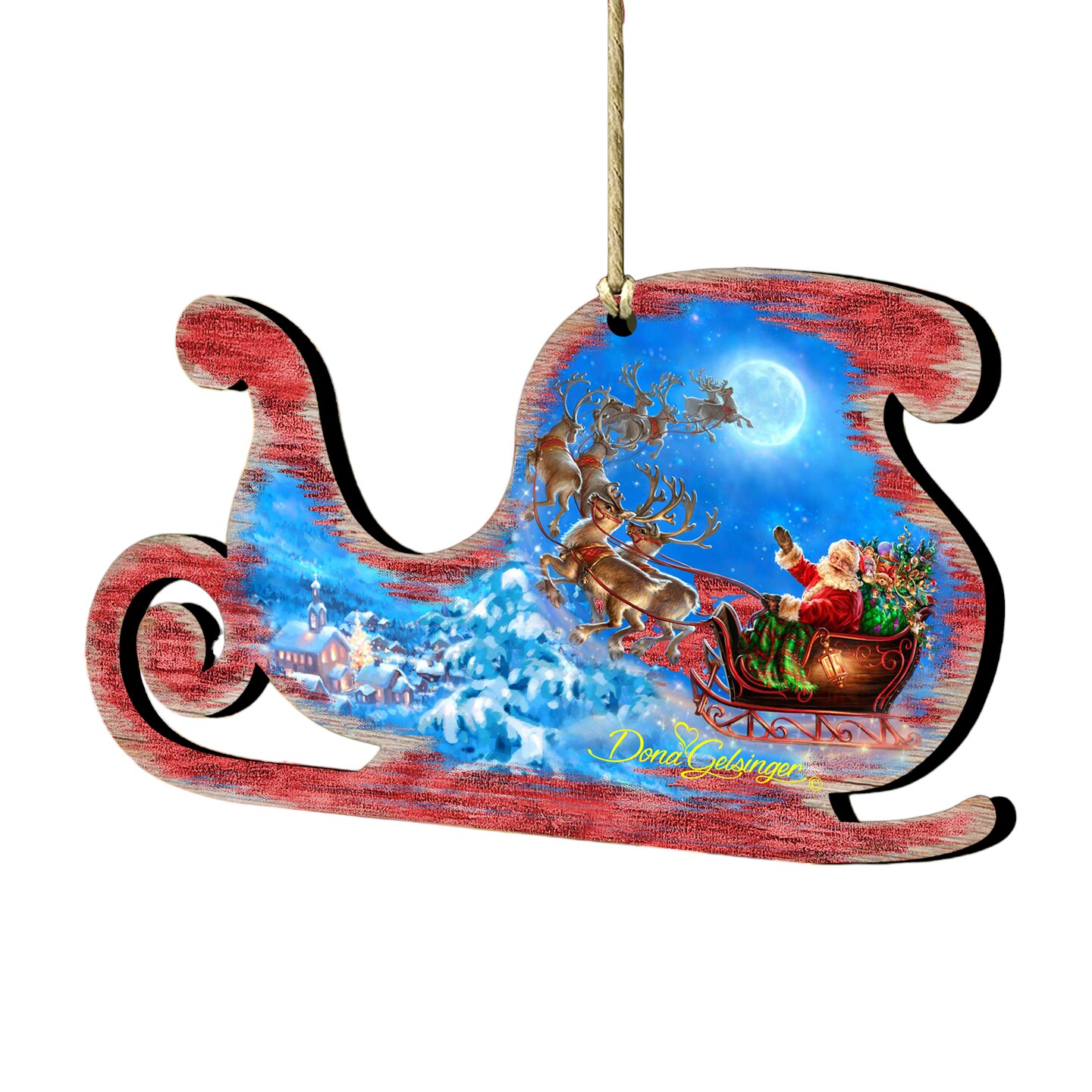 Designocracy Set of 2 Santa Magical Flight Wooden Sleigh Christmas Ornaments 5.5&#x22;