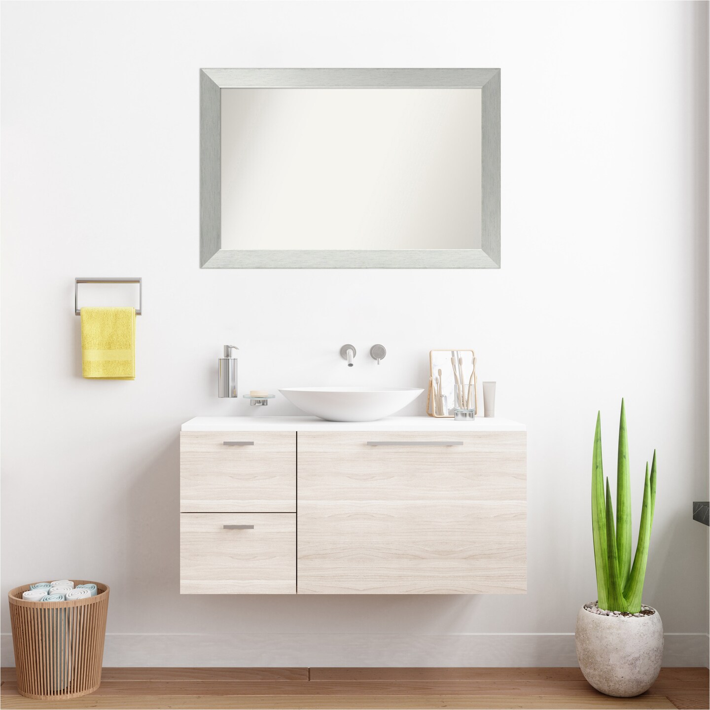 Brushed Sterling Silver Non-Beveled Custom Framed Bathroom Vanity Wall Mirror