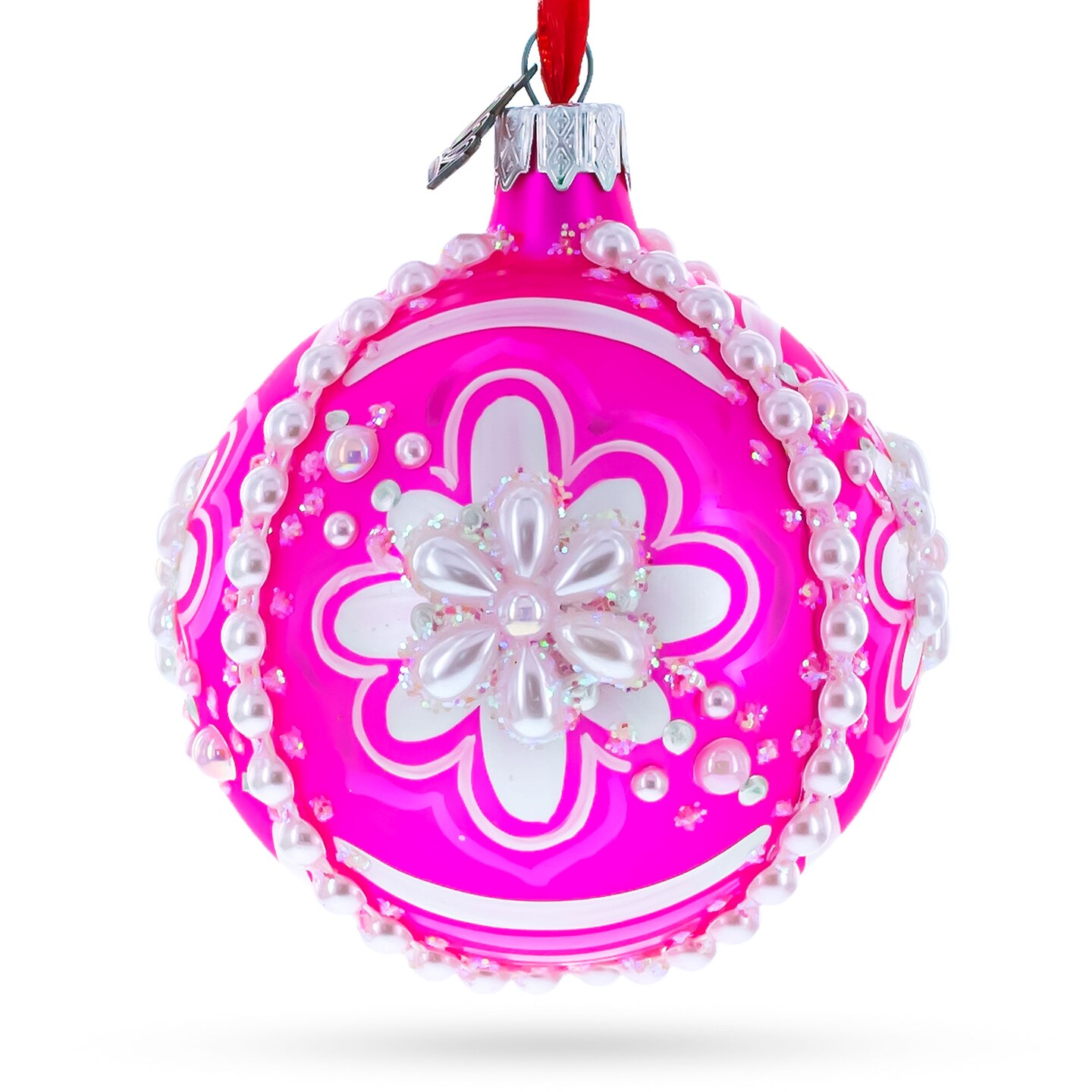 Jeweled Pearl Flowers on Pink Glass Ball Christmas Ornament 3.25 Inches