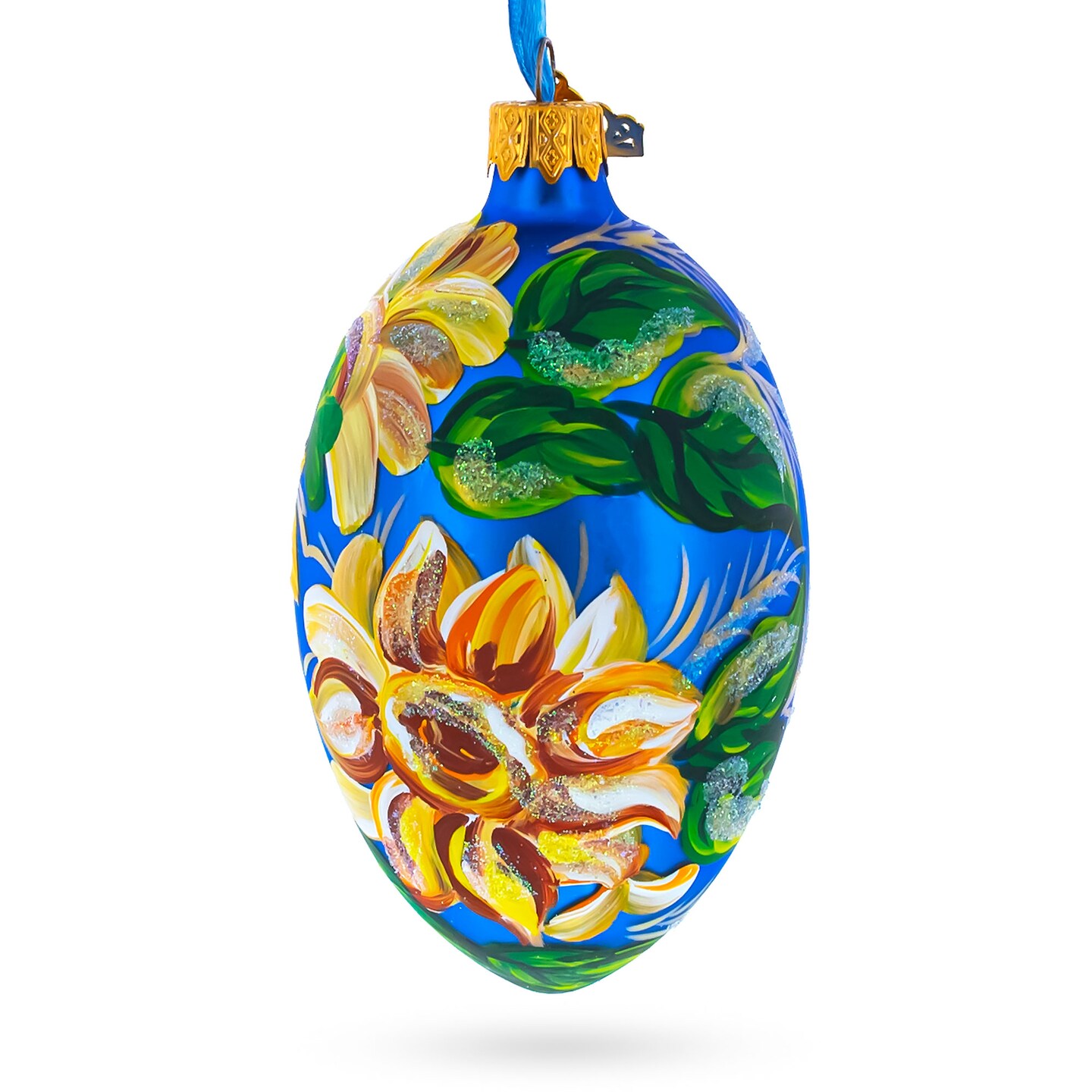 Sunflowers on Blue Glass Egg Ornament 4 Inches