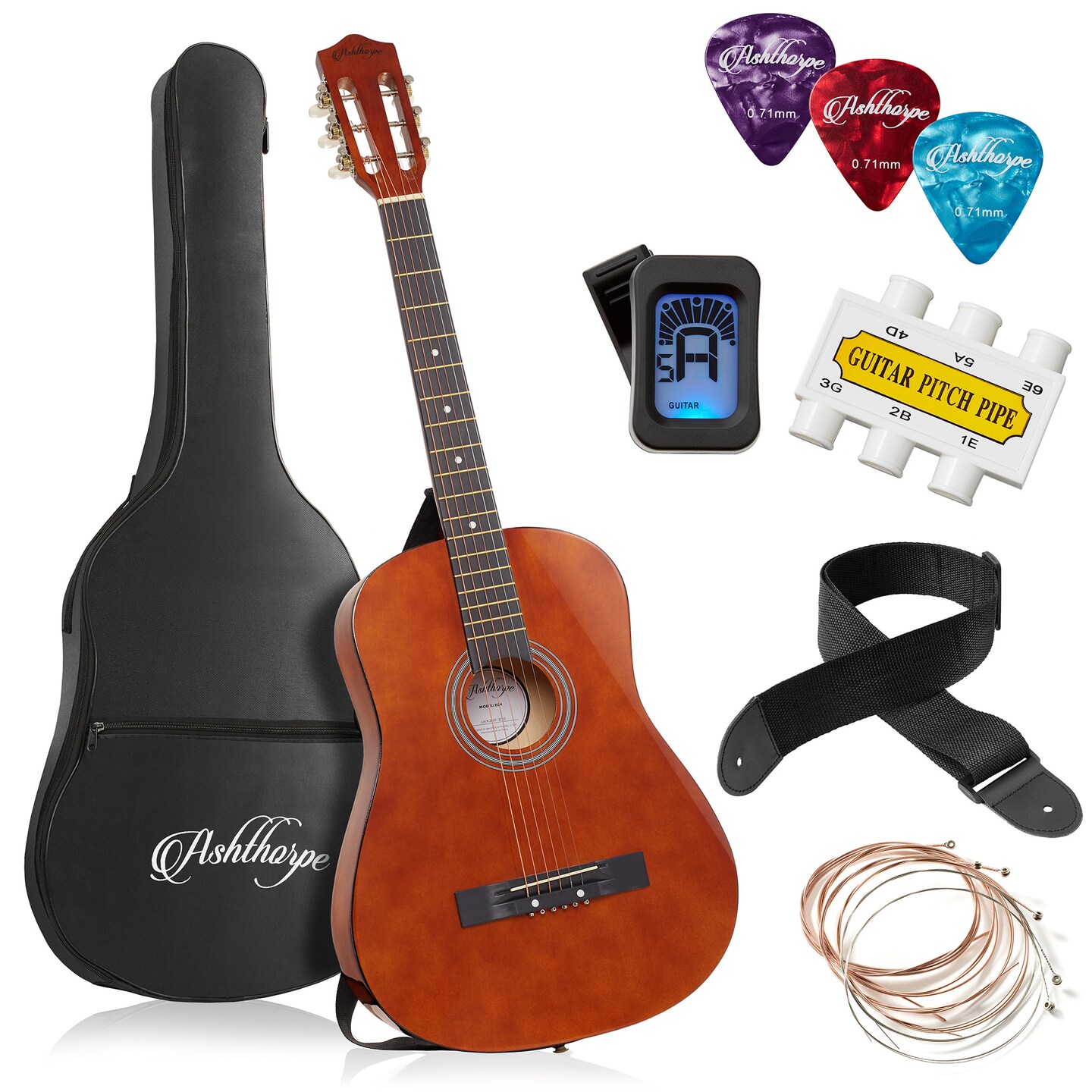 Ashthorpe Beginner Acoustic Guitar Package, Basic Starter Kit w/ Gig Bag, Strings, Strap, Tuner, Picks