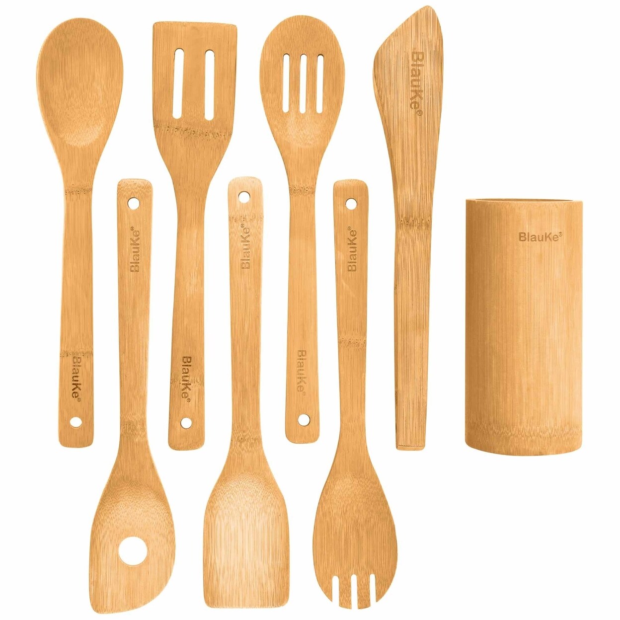 Bamboo Kitchen Utensils Set Of 8 Wooden Cooking Tools Nonstick Cookware Holder