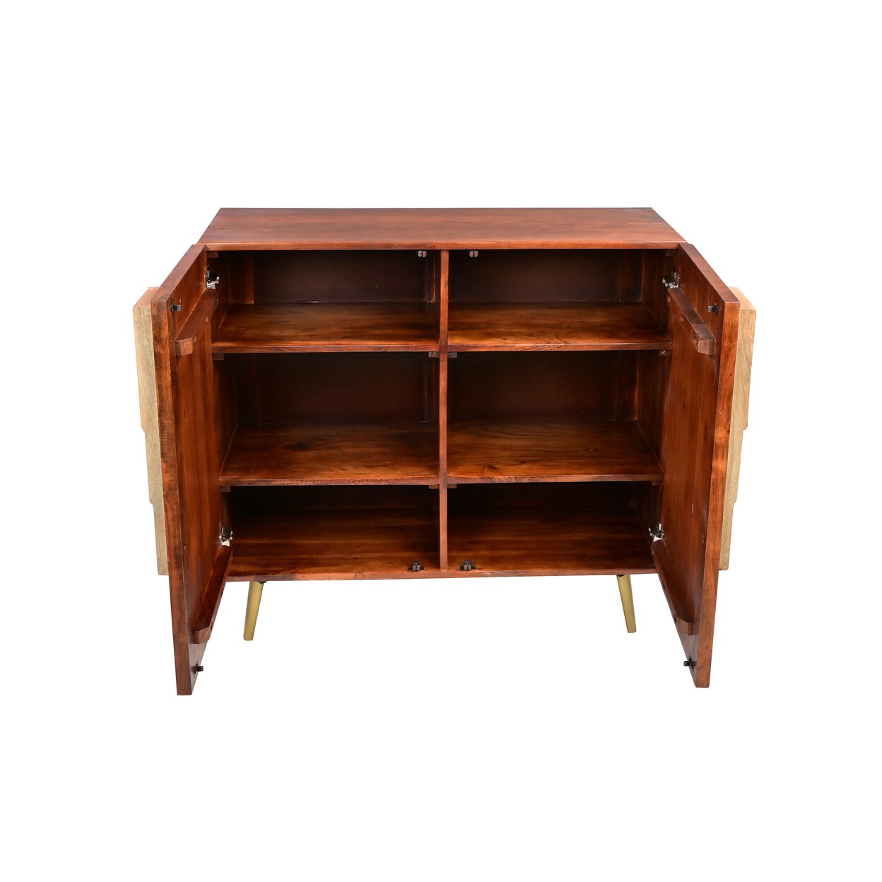 Saltoro Sherpi 36 Inch Modern 2 Door Wooden Sideboard Buffet Cabinet with Metal Handles, Splayed Legs, Gold, Oak Brown