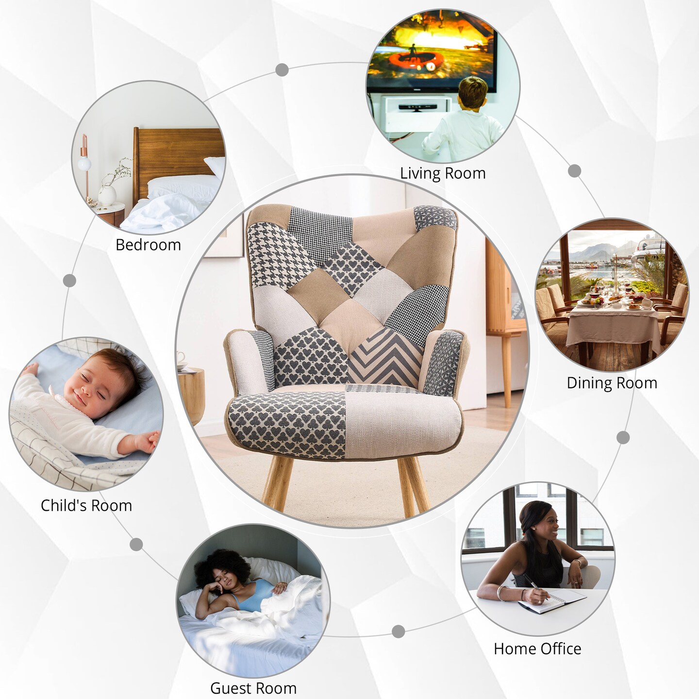 Mid-Century Modern Patchwork Accent Chair Upholstered Wingback Bedroom Chair