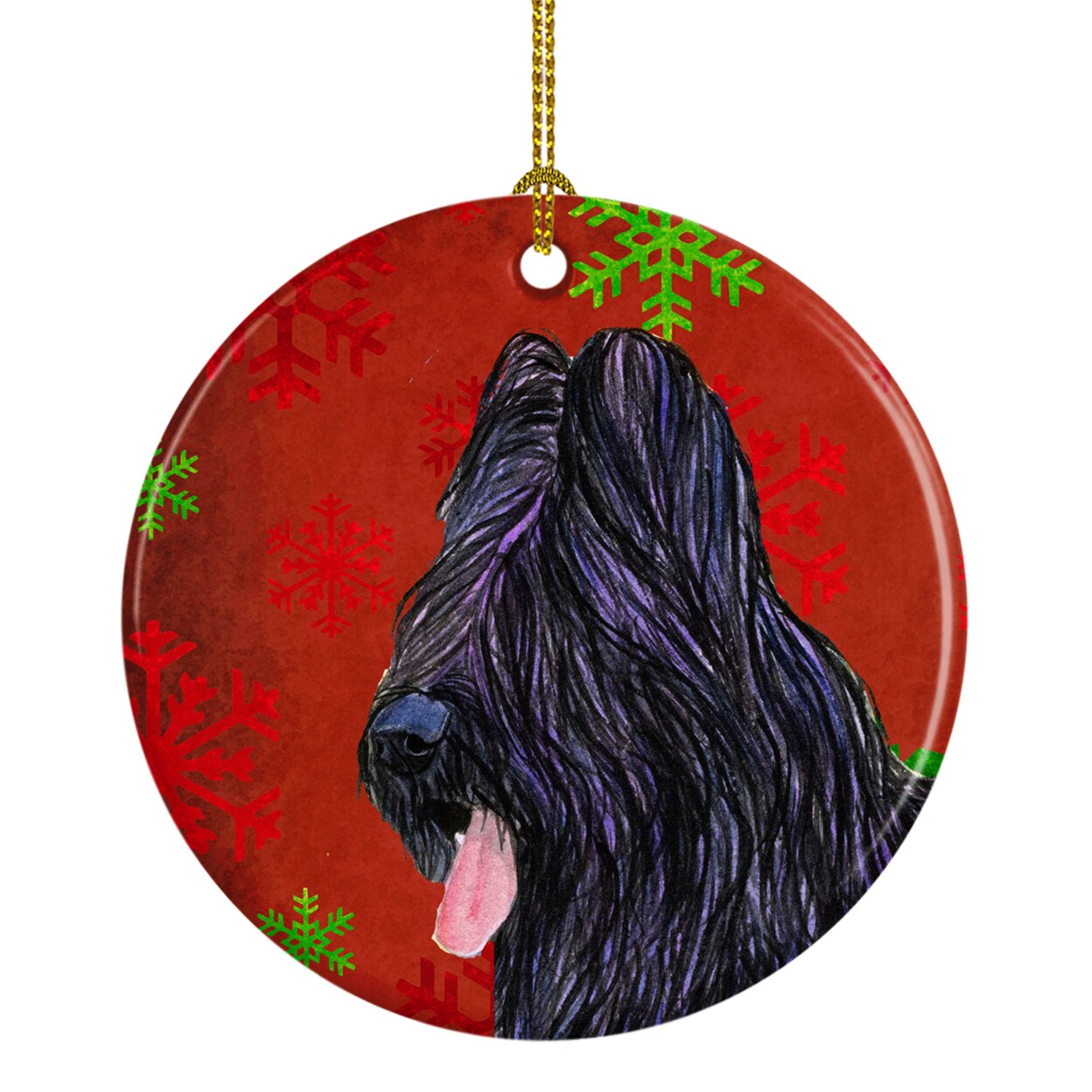 Caroline&#x27;s Treasures   SS4696-CO1 Briard Red and Green Snowflakes Holiday Christmas Ceramic Ornament, 3 in, multicolor