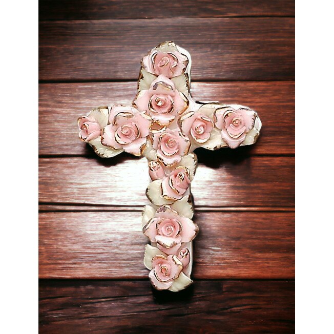 kevinsgiftshoppe Ceramic Pink Roses Cross Pendant Religious Decor Religious Gift Church Decor