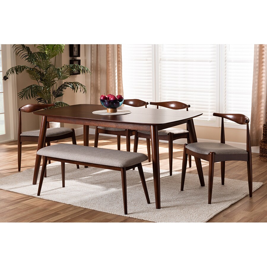 Wholesale Interiors Baxton Studio Amato Mid-Century Modern Light Gray Fabric Upholstered Walnut Finished Wood 6-Piece Dining Set