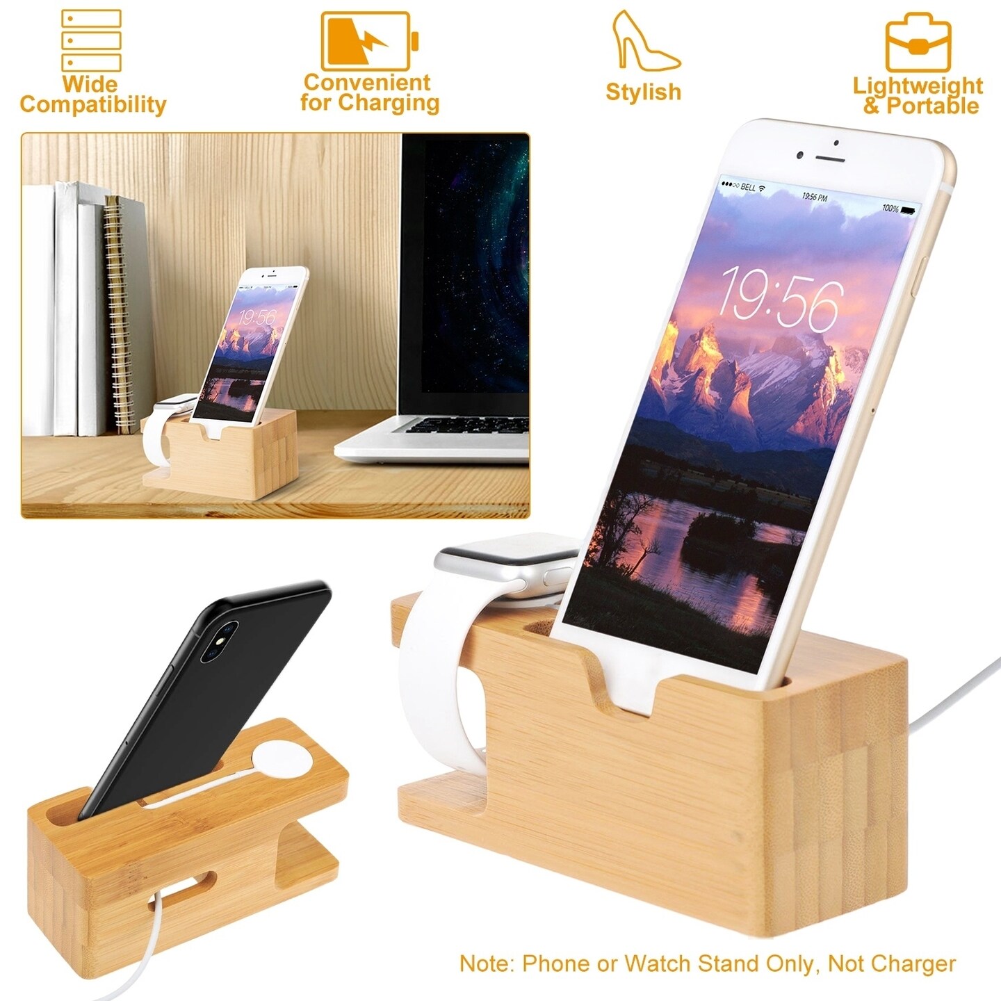 Bamboo Wood Charging Stand For Watch 42Mm 38Mm Universal Phone Holder Stand Docking Station