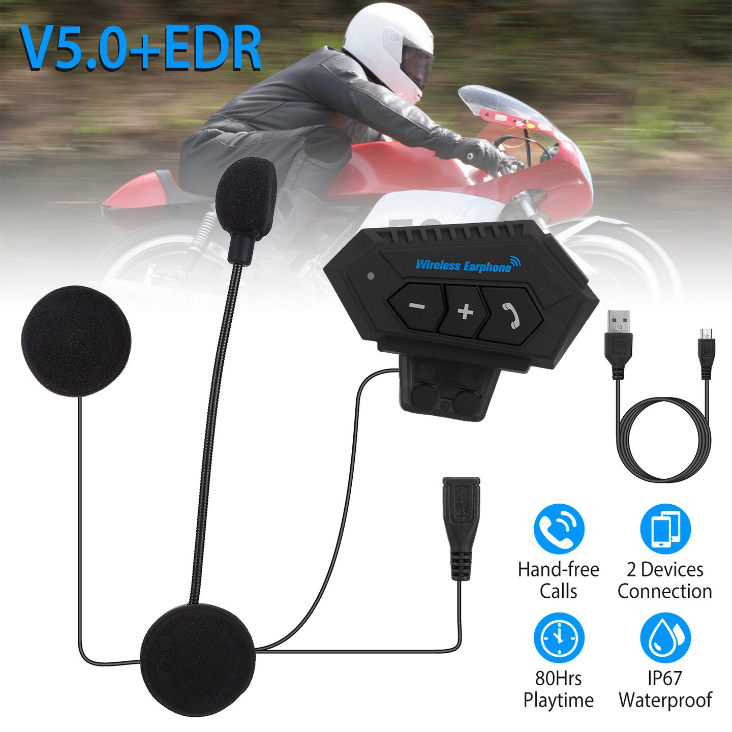 Wireless Headset Speaker Motorcycle Helmet Ip67 Waterproof V5.0 Bluetooth 80Hrs