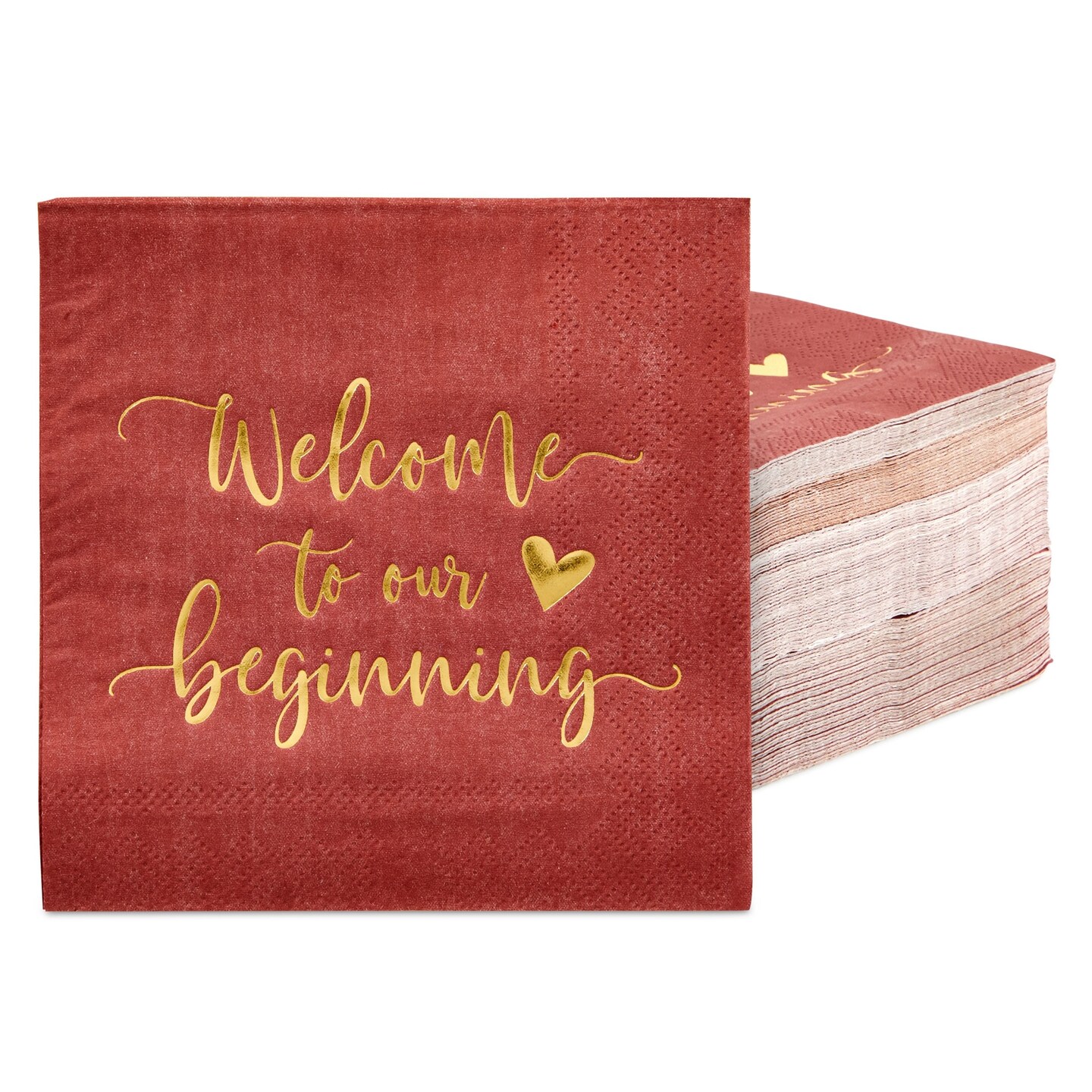 100 Pack Burgundy Wedding Cocktail Napkins Bulk for Reception, Welcome to our Beginning, Gold Foil (5 x 5 In)