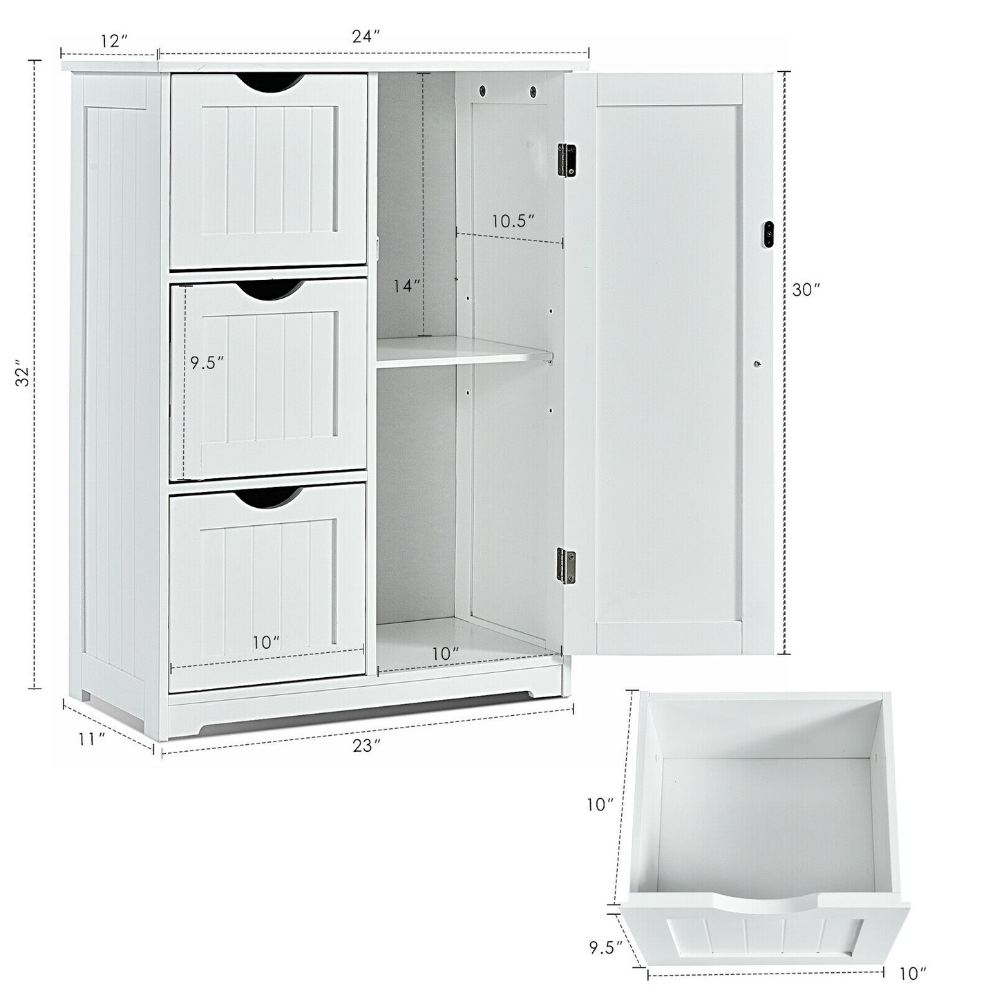 MDF Bathroom Floor Cabinet with Drawers and Adjustable Shelf