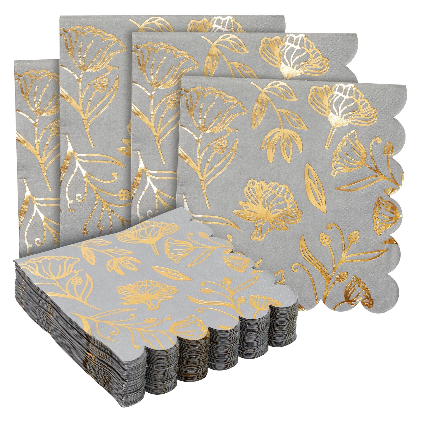 50Pack Gray Paper Napkins with Gold Foil Floral Design and Scalloped
