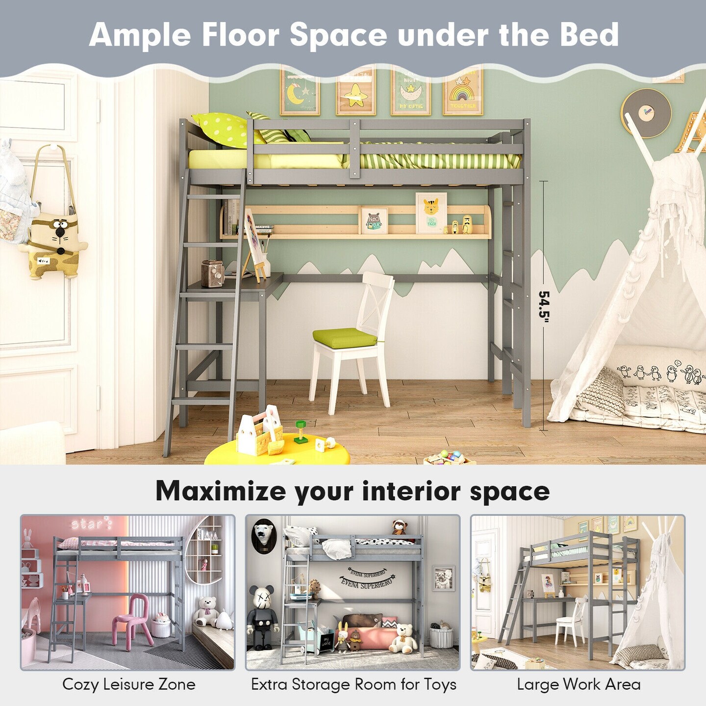 Twin Size Pine Wood Loft Bed with Desk, Guardrail, Dual Ladders
