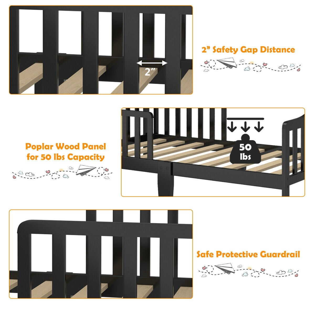 Classic Design Kids Wood Bed Frame with Two Side Safety Guardrails