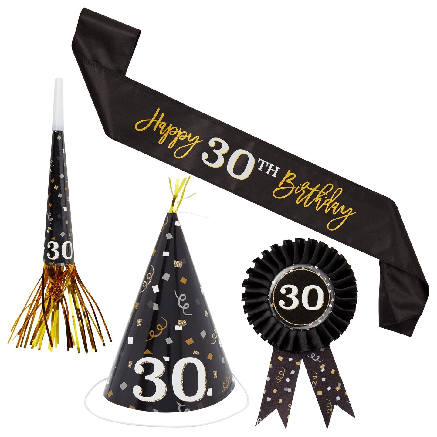 30th Birthday Party Supplies, Button Pin, Sash, Hat, Blower (Black, Gold, 4 Pieces)