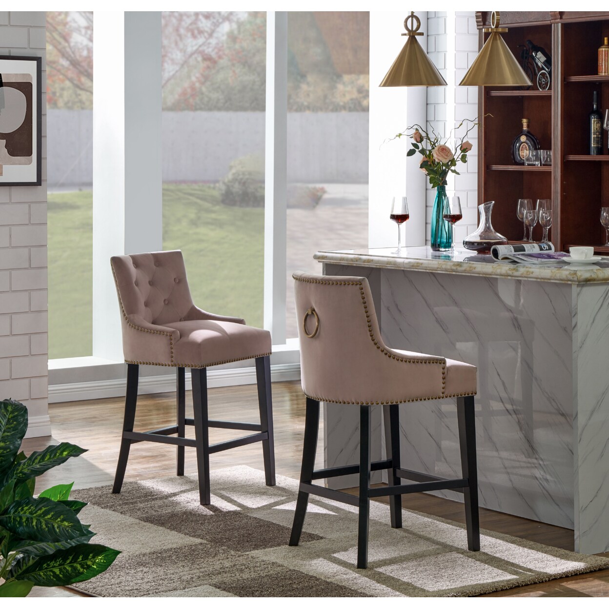 Iconic Home Lake Counter Stool Chair Button Tufted Velvet Upholstered