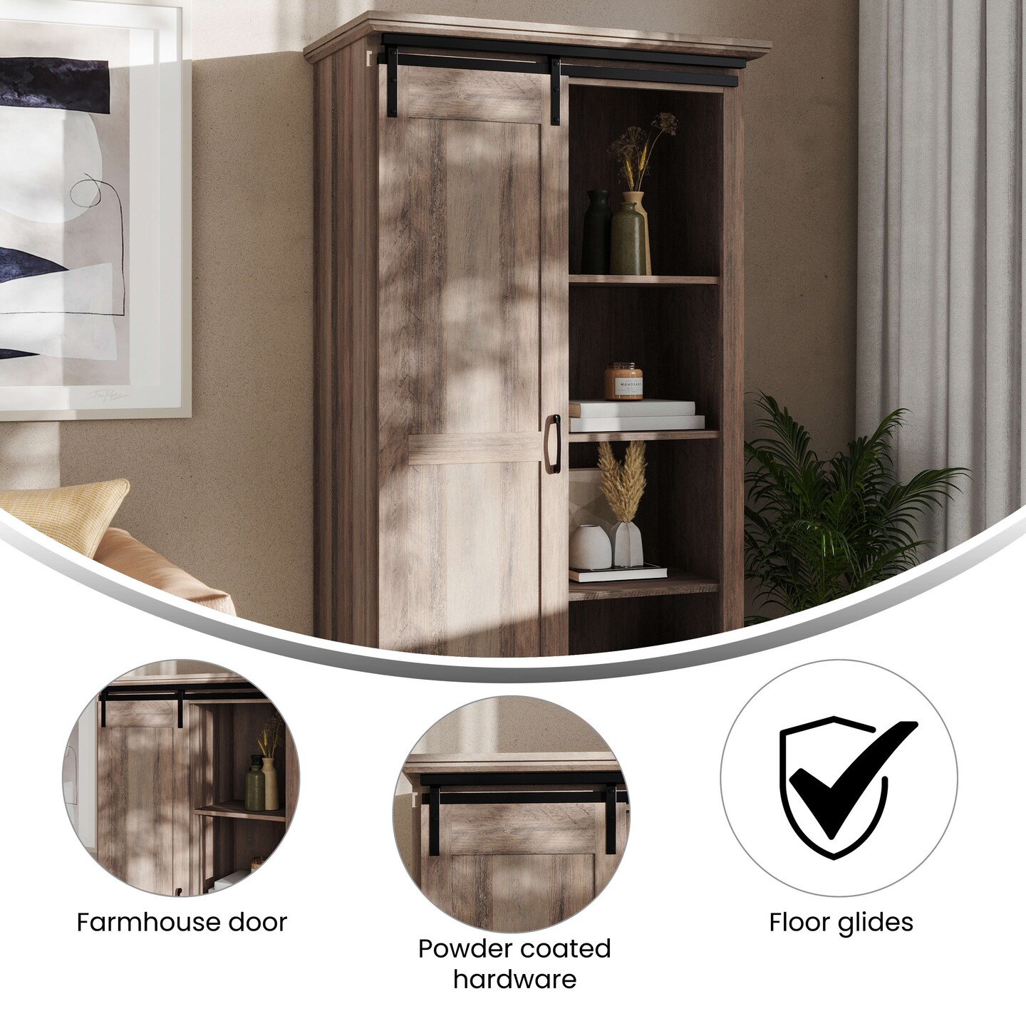 Merrick Lane Finnoula Farmhouse Storage Cabinet, Semi-Open Storage with Sliding Barn Door