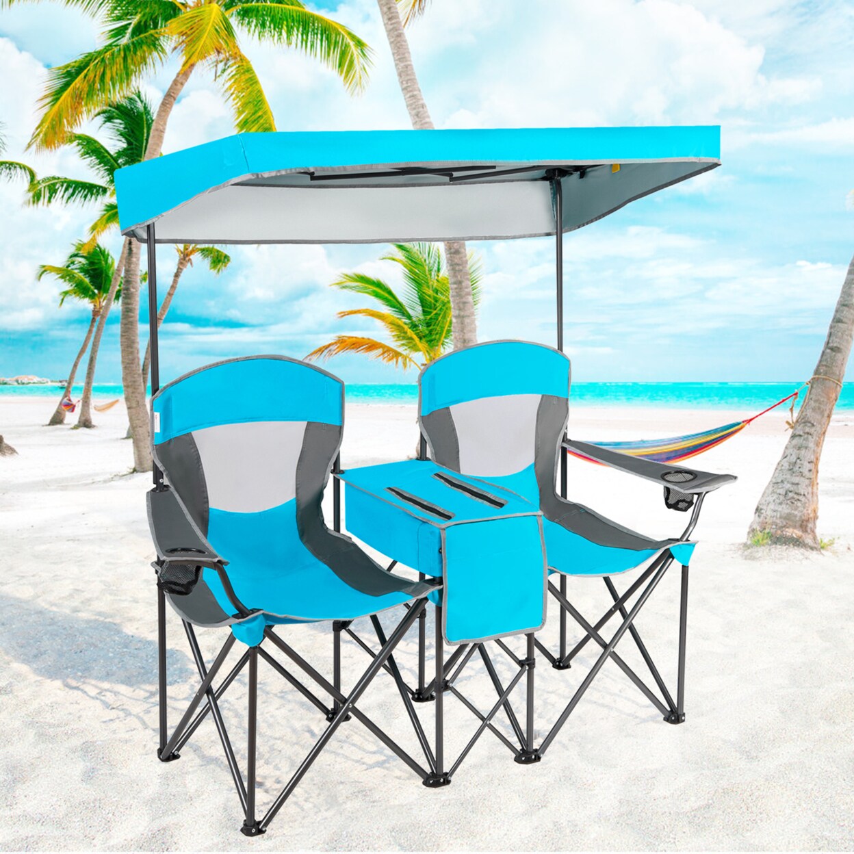 Gymax Folding 2-person Camping Chairs Double Sunshade Chairs w/ Canopy Blue/Turquoise/Red
