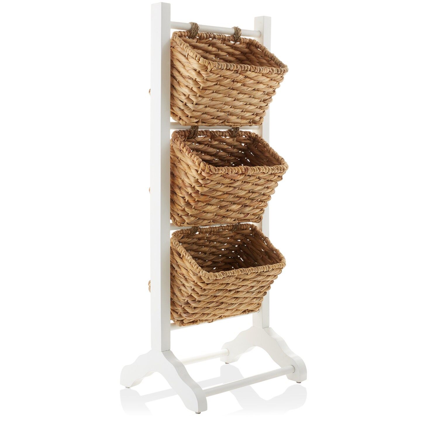 Casafield 3-Tier Floor Stand with Water Hyacinth Storage Baskets - Standing Organizer Rack for Bathroom, Kitchen, Laundry, Living Room