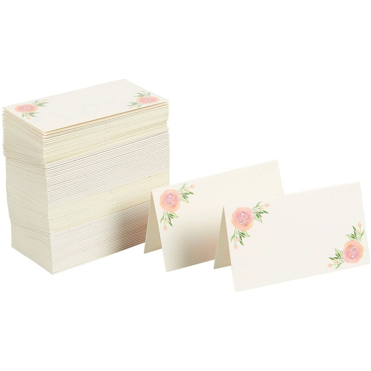 Floral Table Place Cards - 100 Piece Rose Tent Cards, Table Decorations and Party Supplies for Romantic Wedding, Banquets, Bridal Shower, Celebrations and Events, 2 x 3.5 Inches, Green and Pink