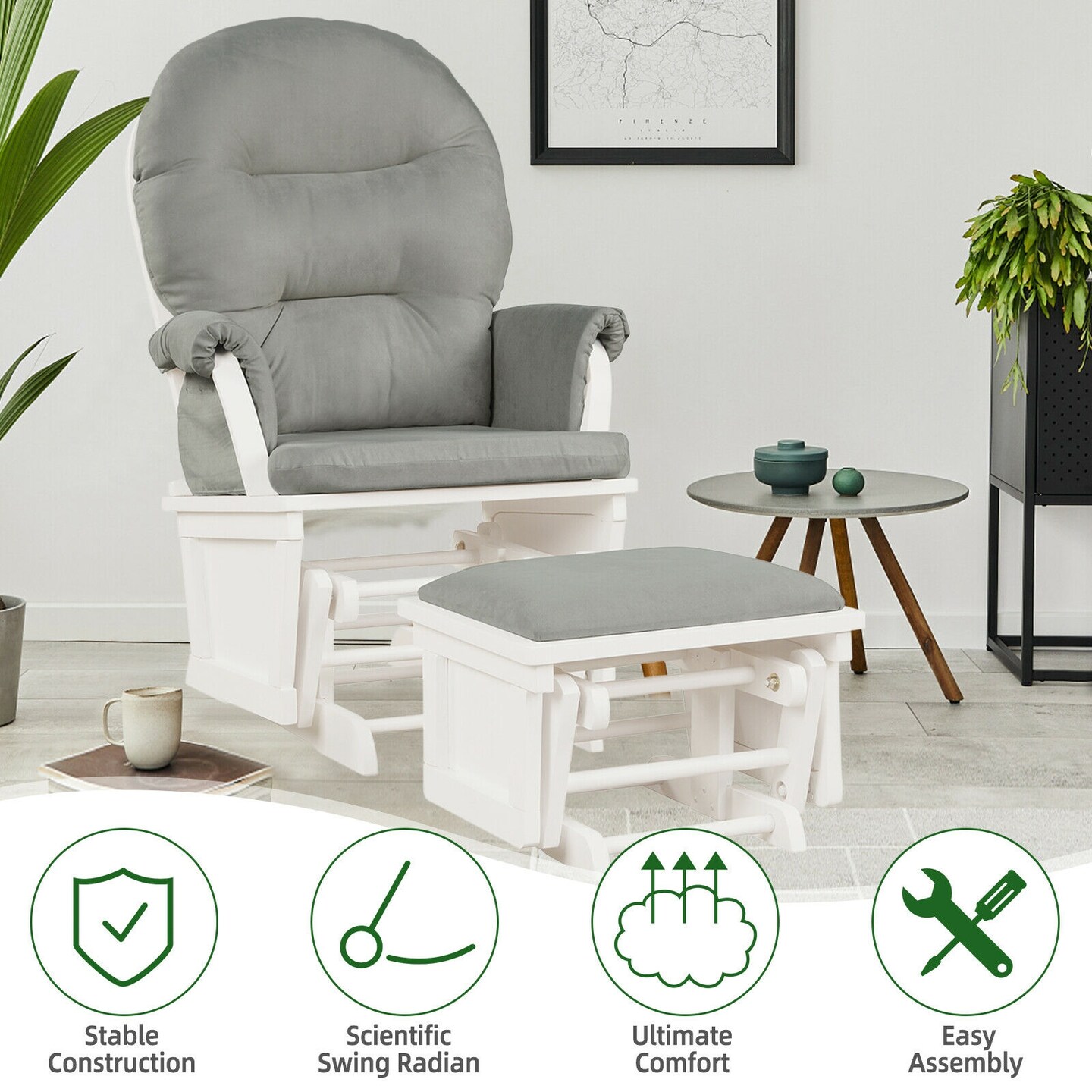 Wooden Glider and Ottoman Cushion Set with Padded Armrests for Nursing