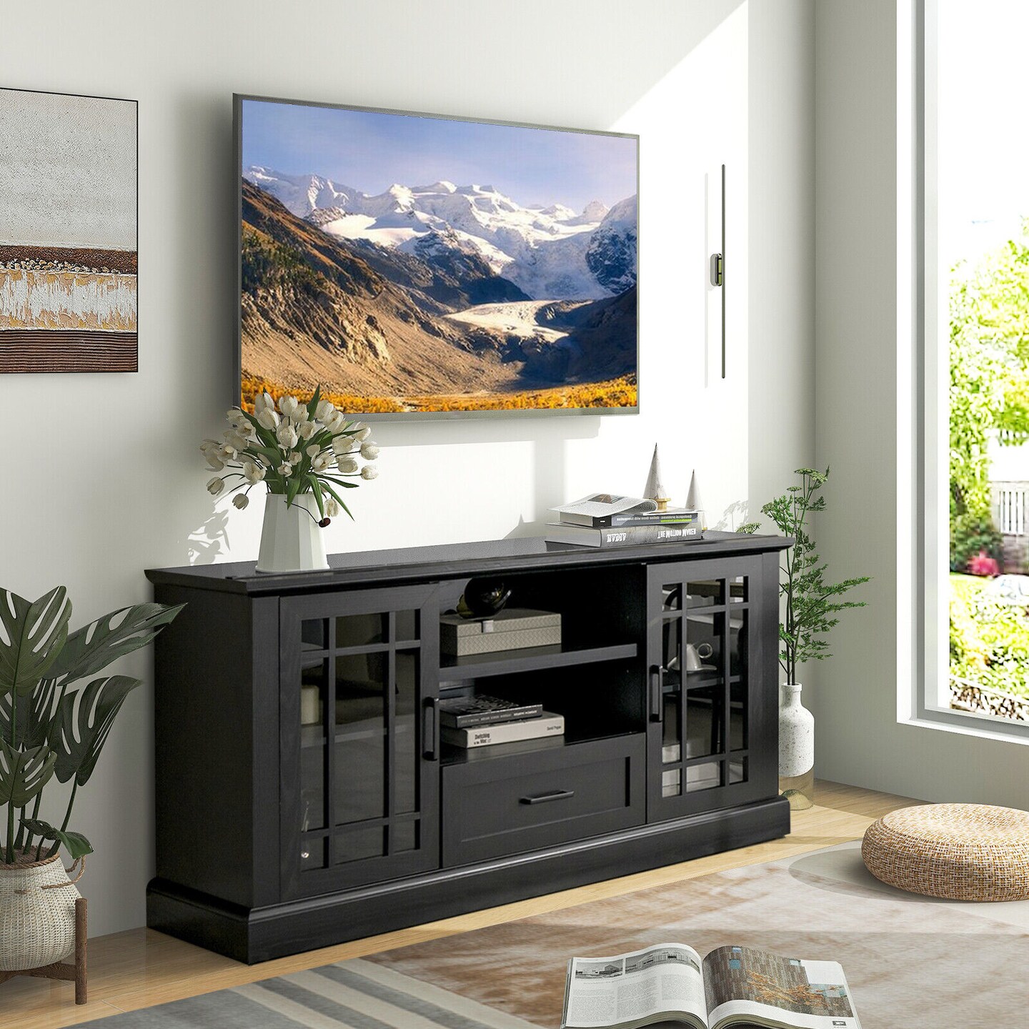 TV Stand for TVs up to 70 with Glass Doors Cubbies and Drawer-Black