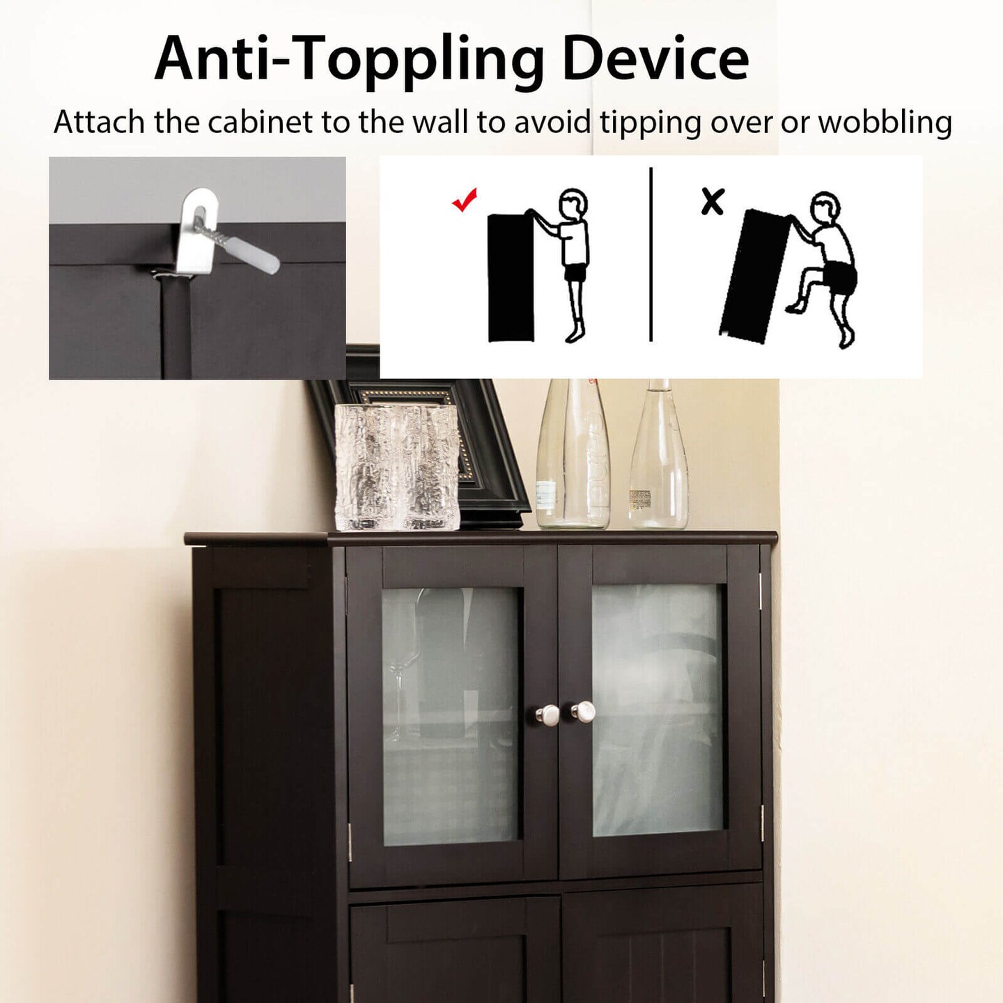 Black MDF Glass Door Floor Cabinet with Adjustable Shelf – 43 inches Storage Unit