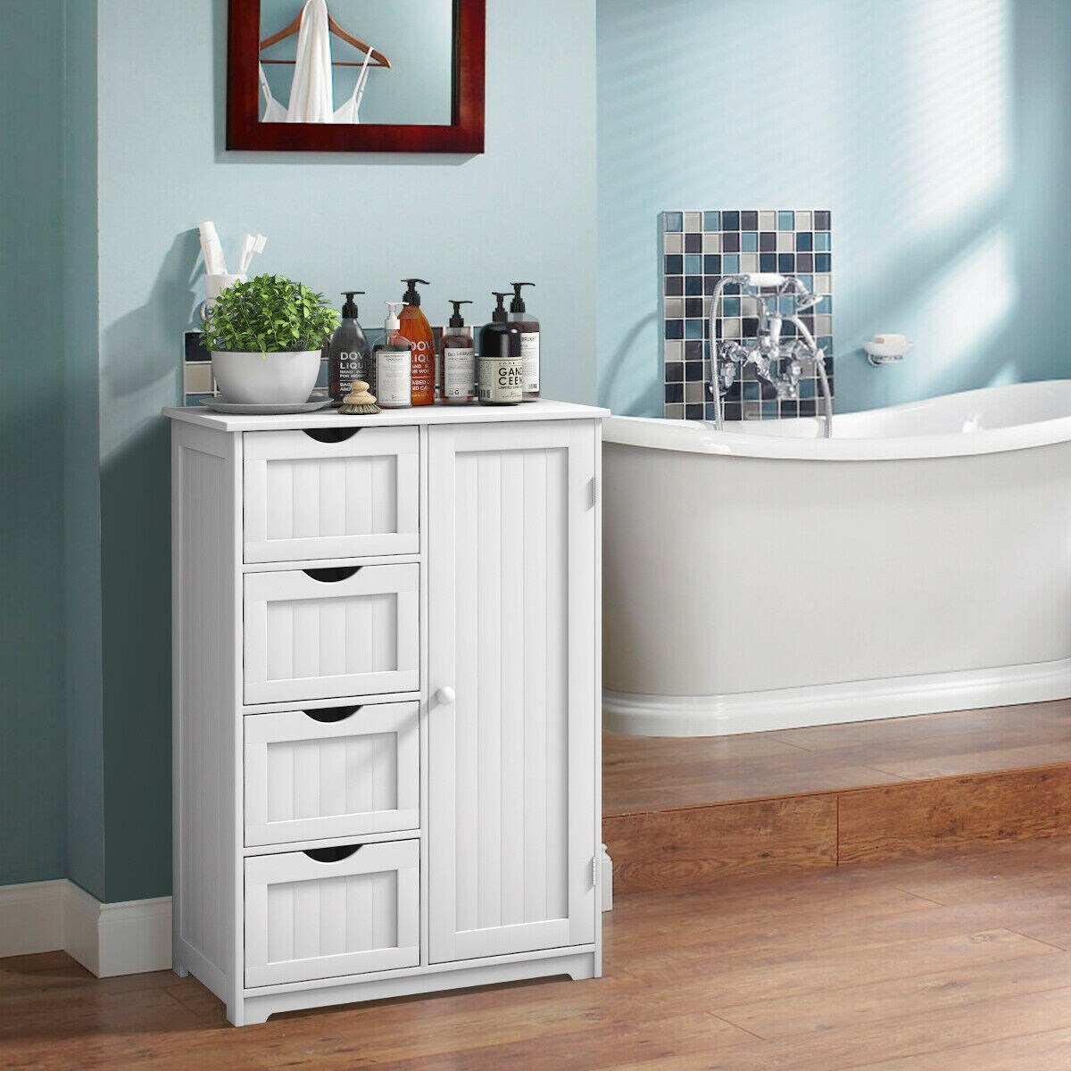 Modern MDF Storage Cabinet with 4 Drawers and Adjustable Shelf Ideal for Bathroom or Bedroom