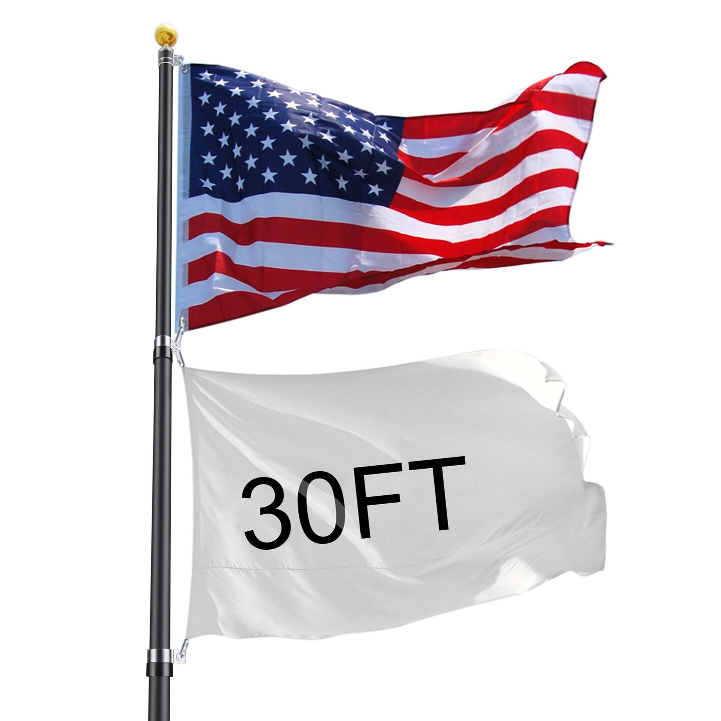 30 FT Al Flag Pole with US Flag and Ball