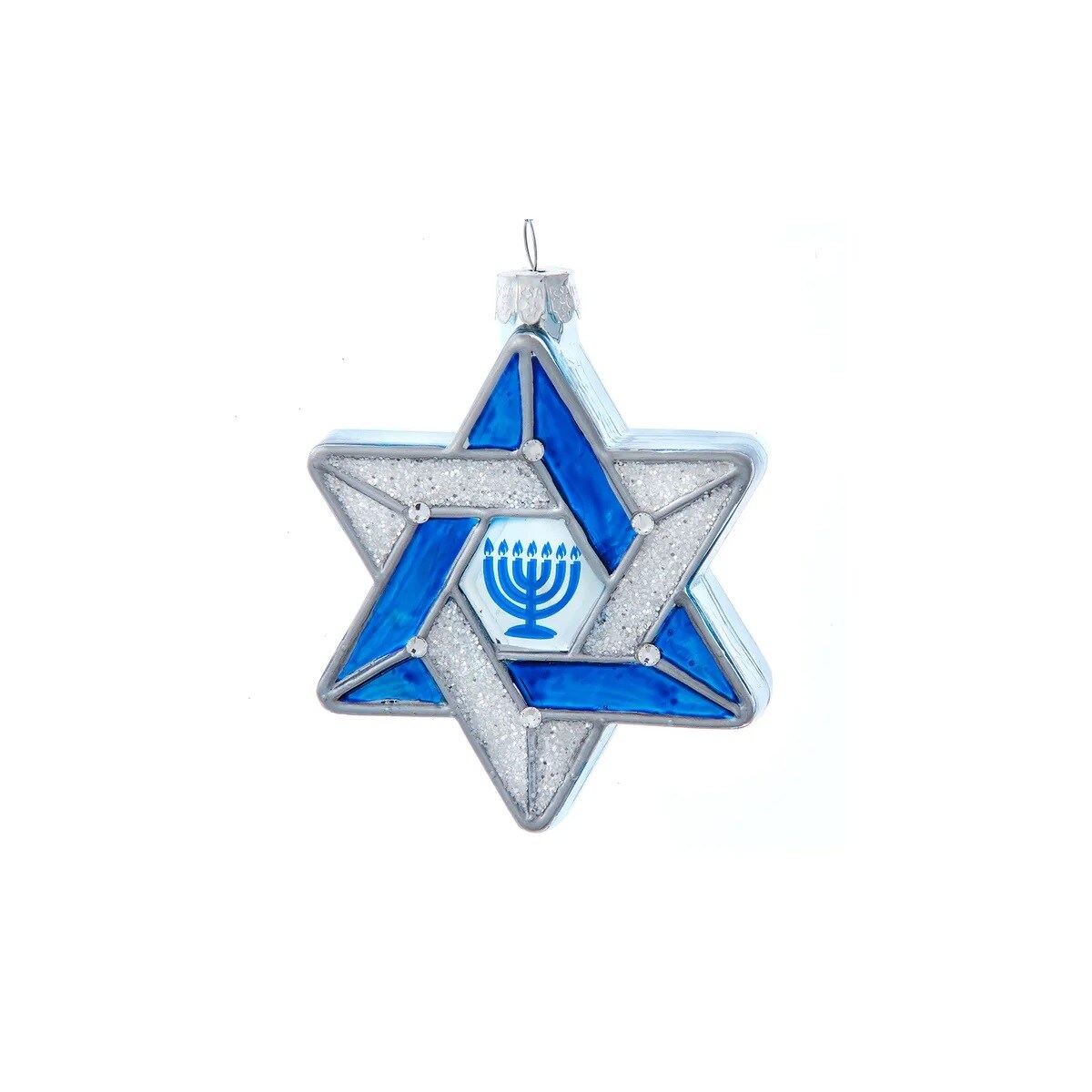 KSA Set of 6 Star of David with Menorah Glass Hanukkah Ornaments 4"