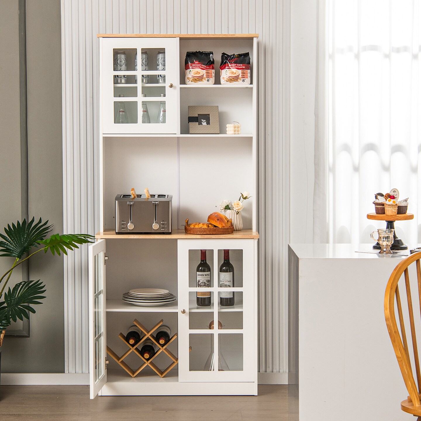 Freestanding Pantry Cabinet with Hutch and Adjustable Shelf