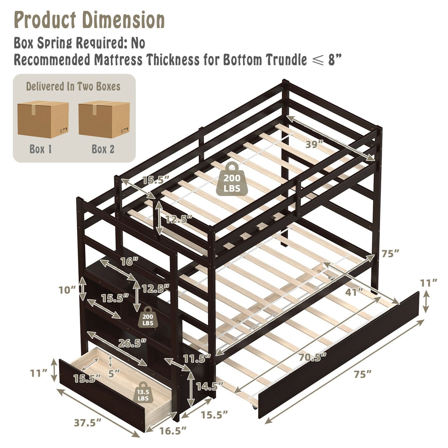 Twin Over Twin Bunk Bed with 3-Step Staircase and Storage Shelf