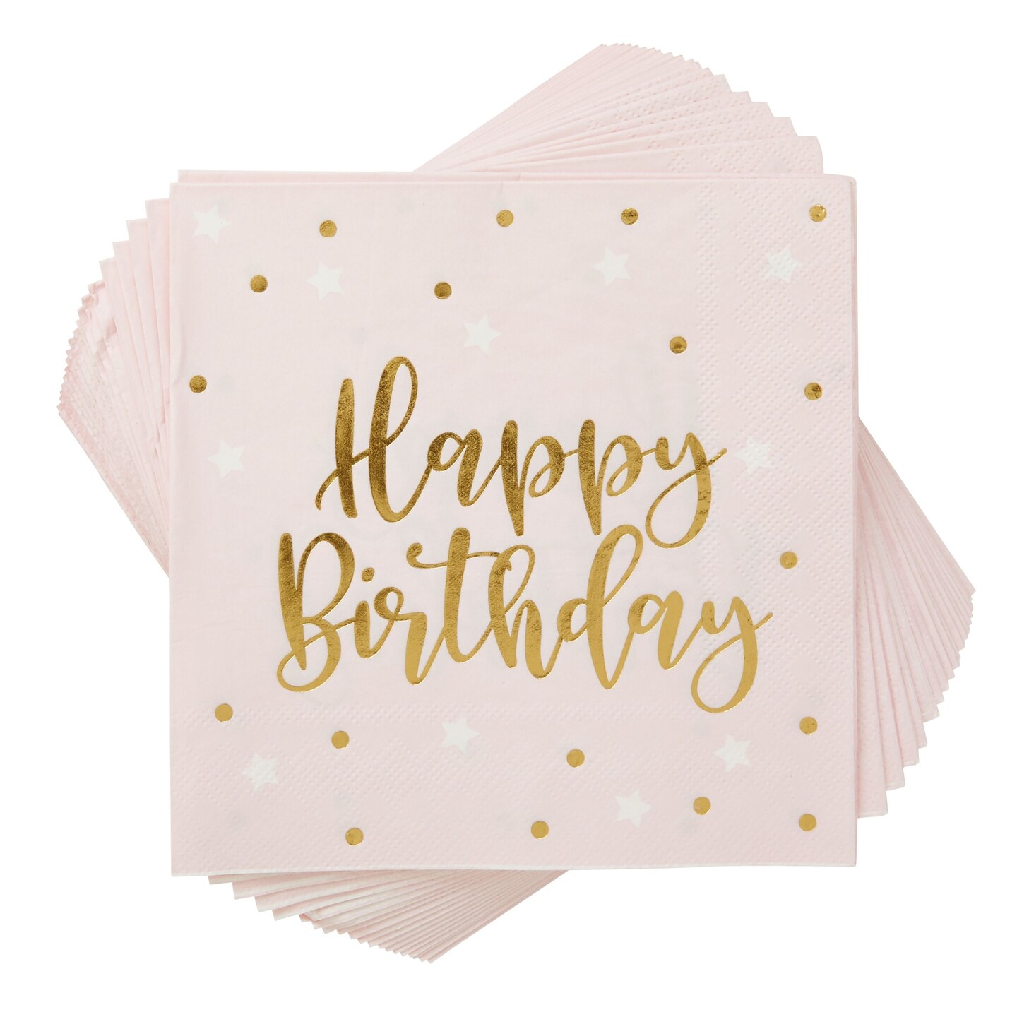 50 Pack Disposable Pink Happy Birthday Napkins with Gold Foil Stars for Party Supplies (6.5 x 6.5 In)