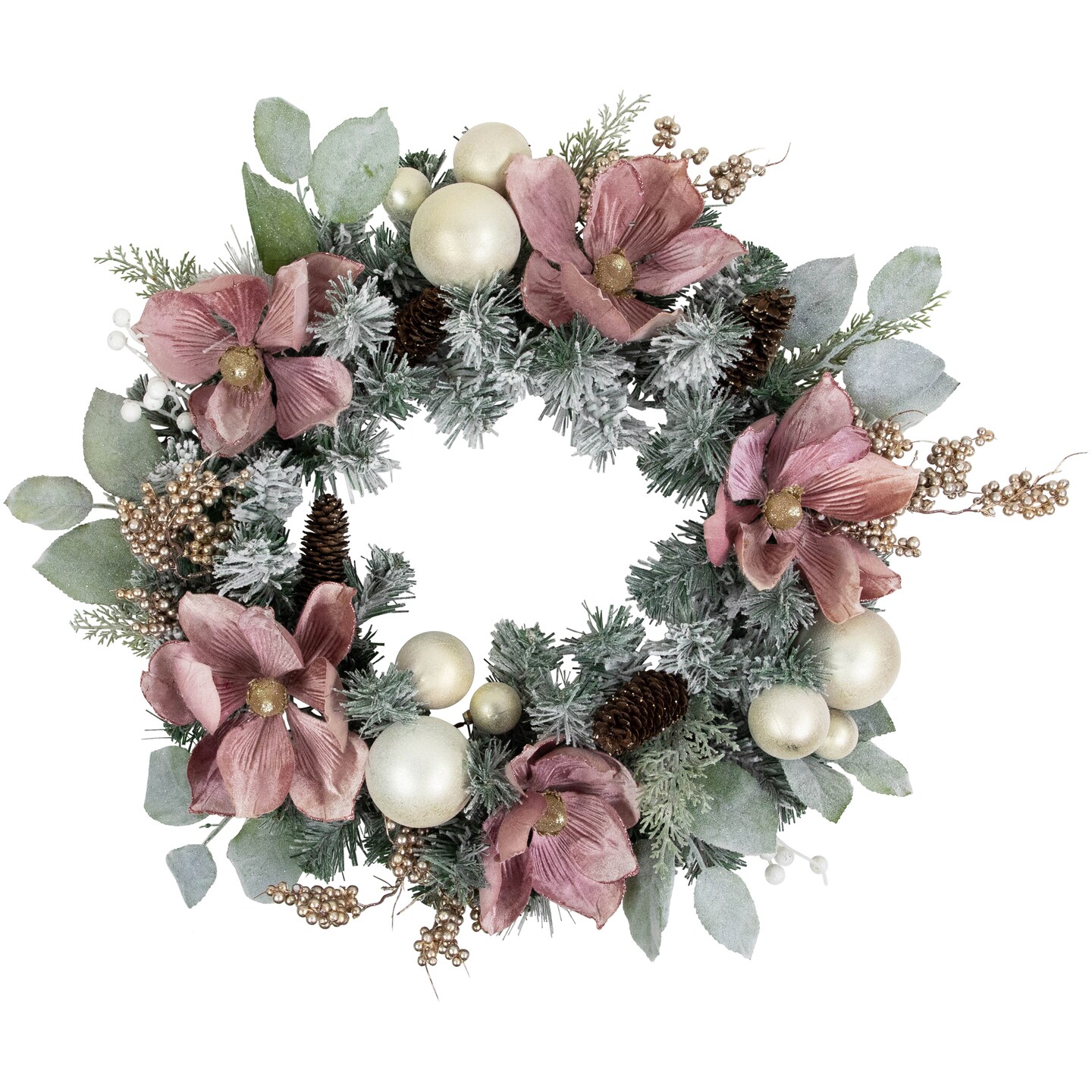 Northlight Pink Floral and Ball Ornament Frosted Pine Artificial