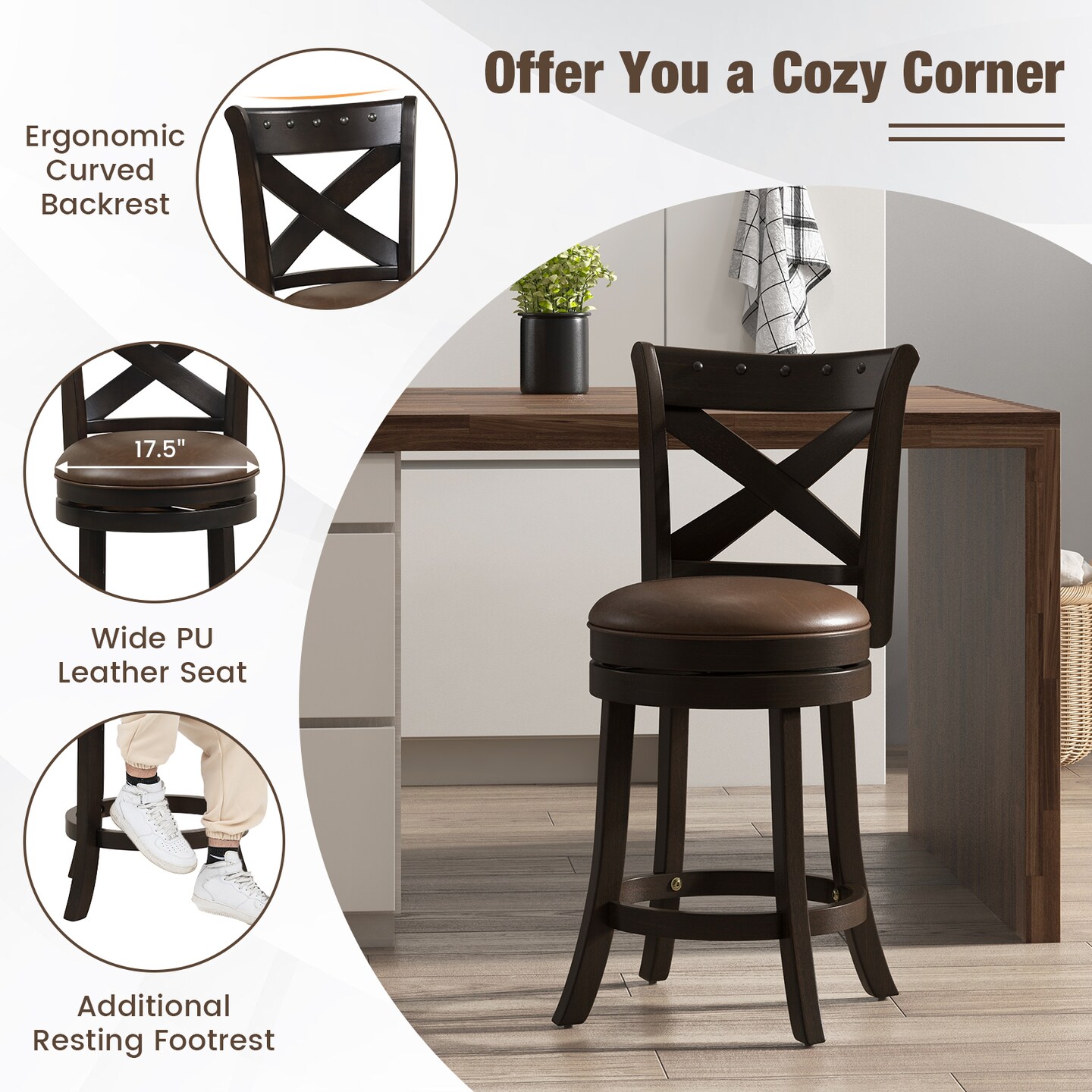 Costway 26'' Swivel Bar Stool Counter Height PU Leather Seat Rubber Wood Legs Footrest