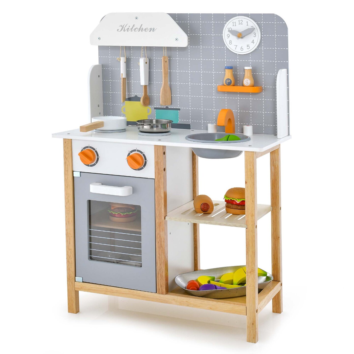 Costway Wooden Kid&#x27;s Play Kitchen Set Pretend Chef Cooking Toy with Cookware Accessories