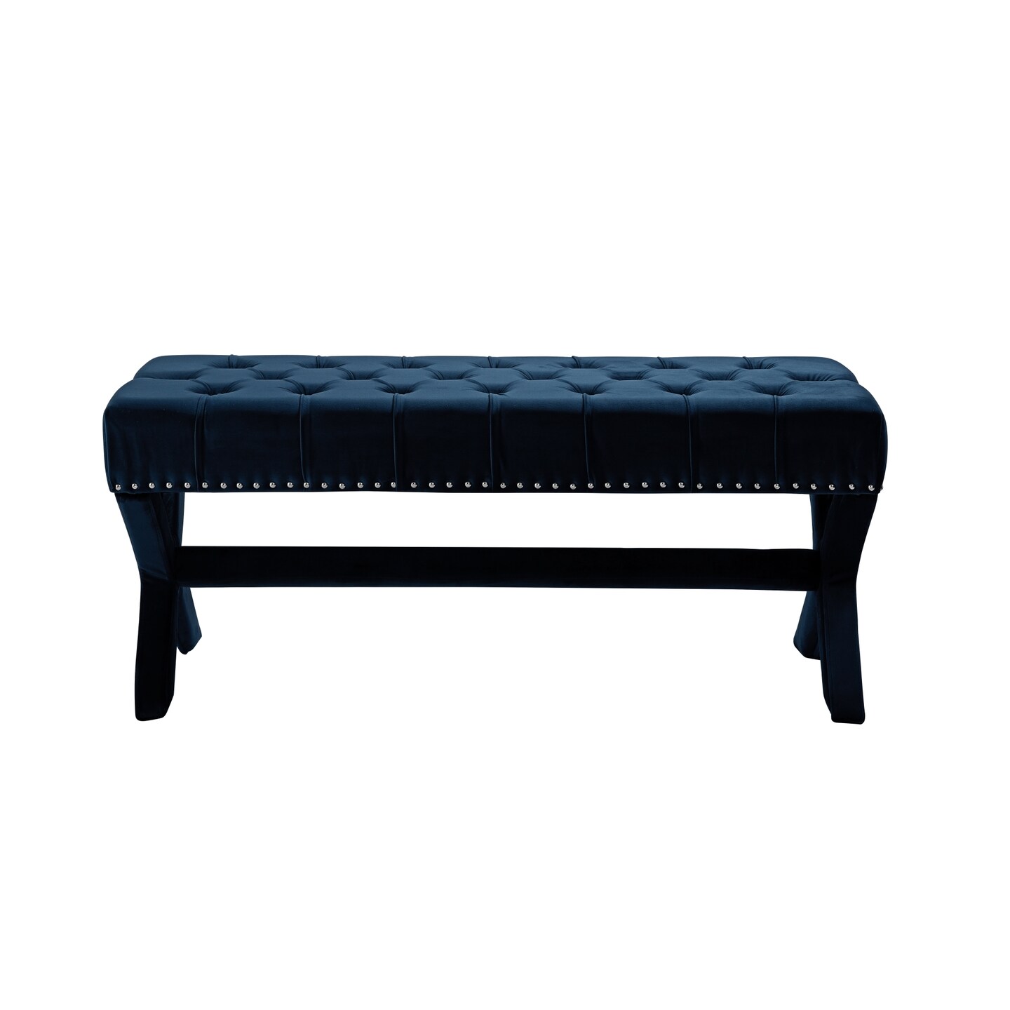Bryoni Linen/Velvet Button Tufted Silver Nailhead Trim X-Leg Bench