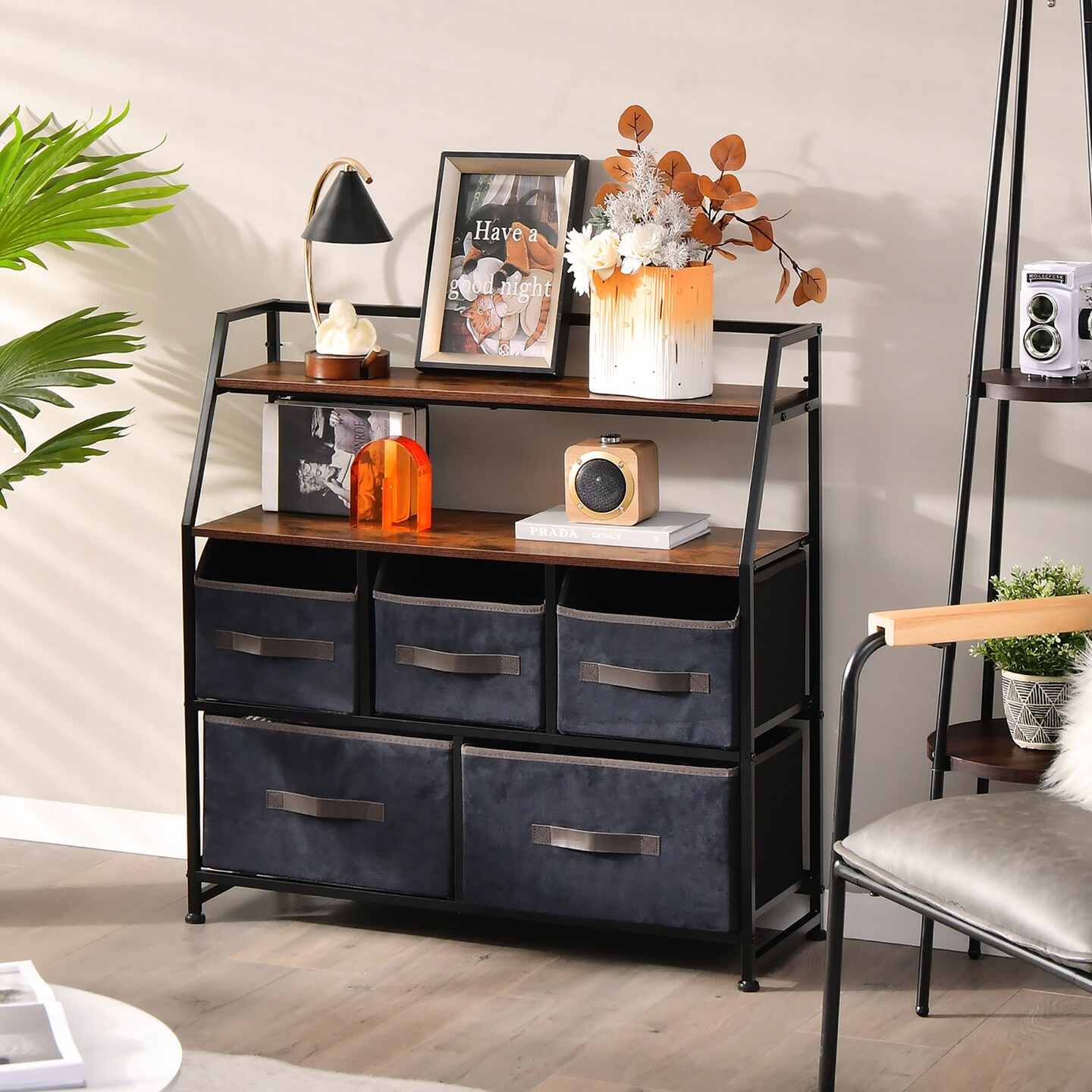 Costway 5-Drawer Storage Dresser Organizer Unit with  Fabric Bin for Living Room Bedroom