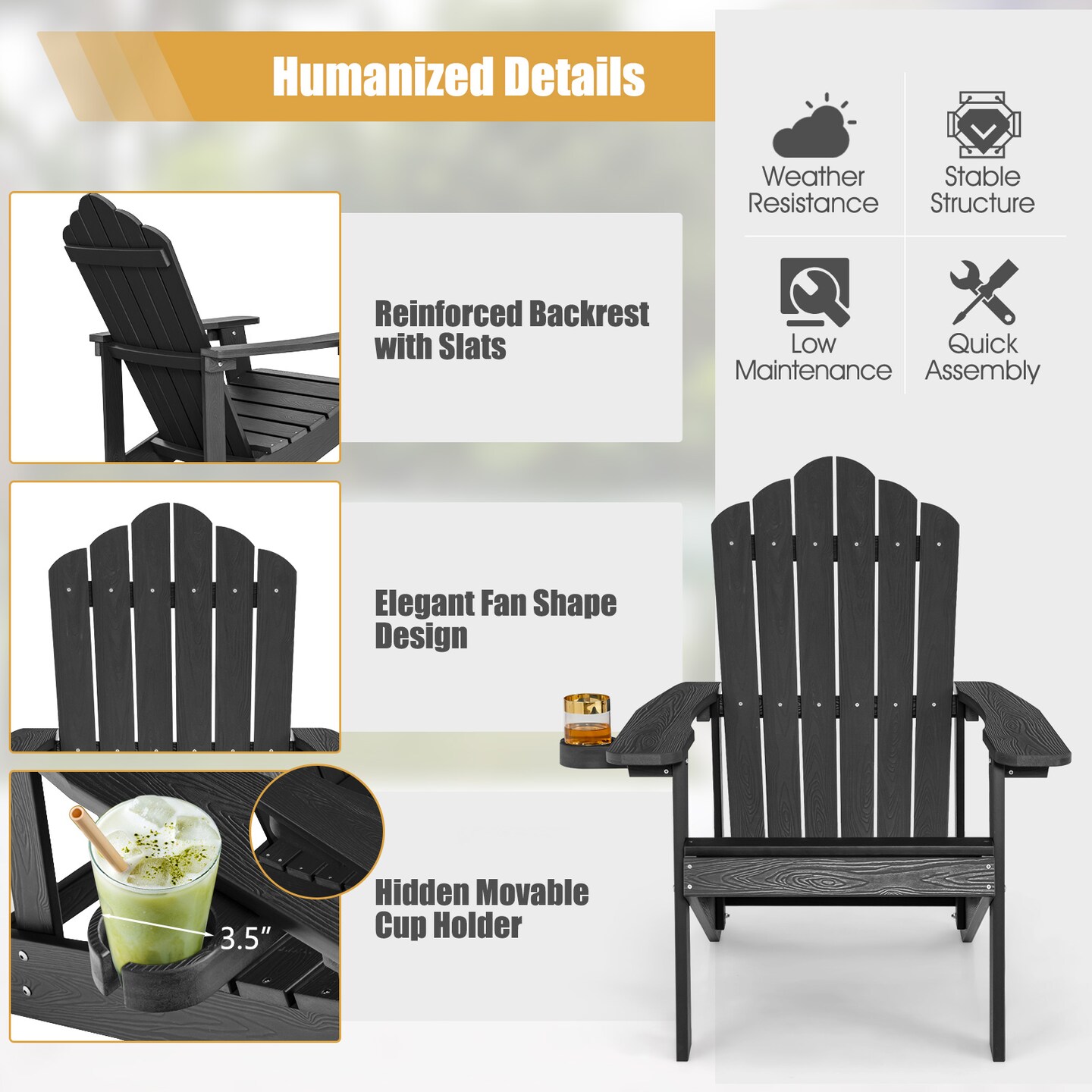 Costway Patio HIPS Adirondack Chair with Cup Holder Weather Resistant Outdoor 380 LBS Black/Teak/Green/Navy/Red/Gray/White/Yellow
