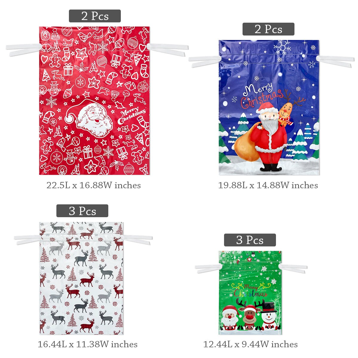 Wrapables Aluminum Foil Christmas Holiday Drawstring Gift Bags for Party Favors, Goodie Bag, Treats, Gift Wrap, Parties