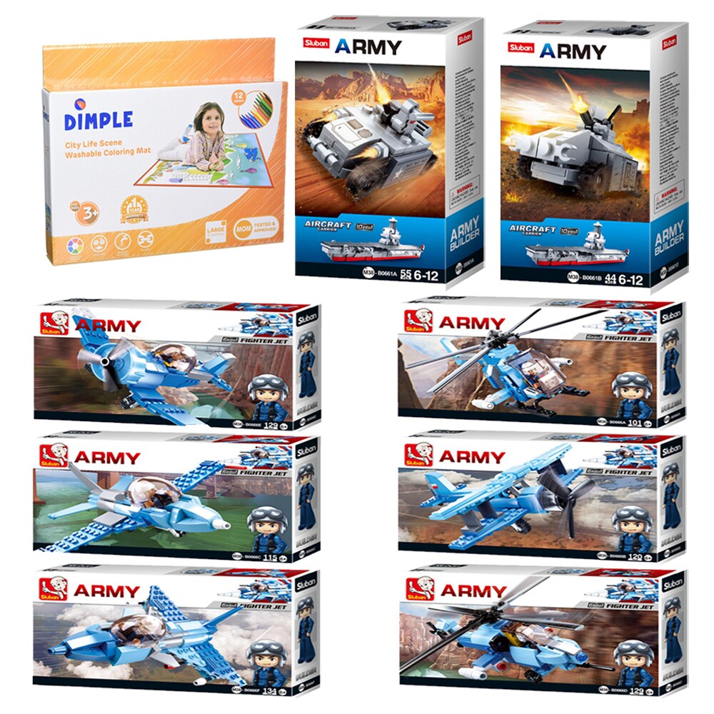 Slubankids Army Helicopter War Craft Aircrafts Building Blocks Toy Set 827 Pcs And Dimple Washable Coloring Play Mat W/